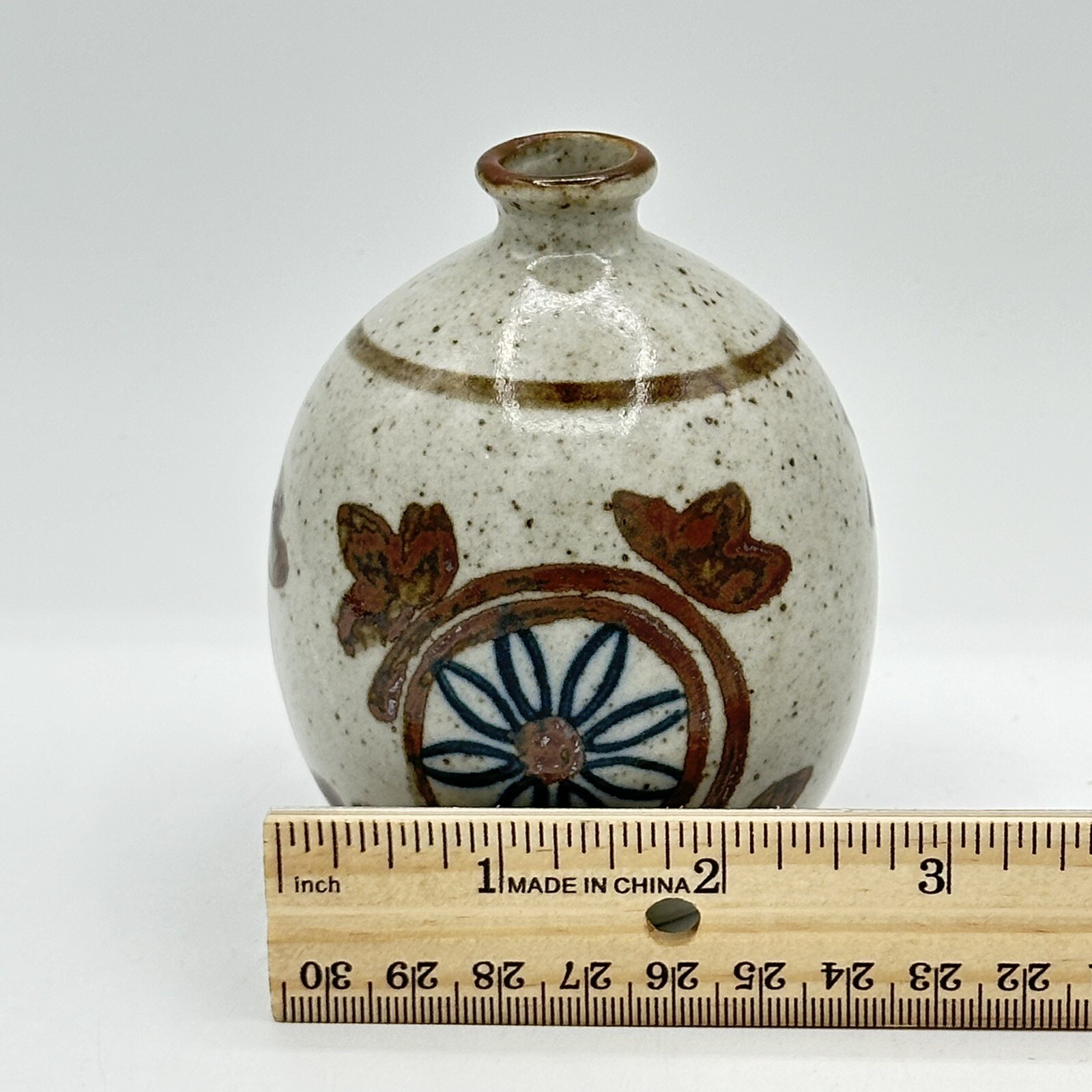 Small Flower Speckled Art Pottery Bud Vase Painted Flowers Cottagecore 4 Inch