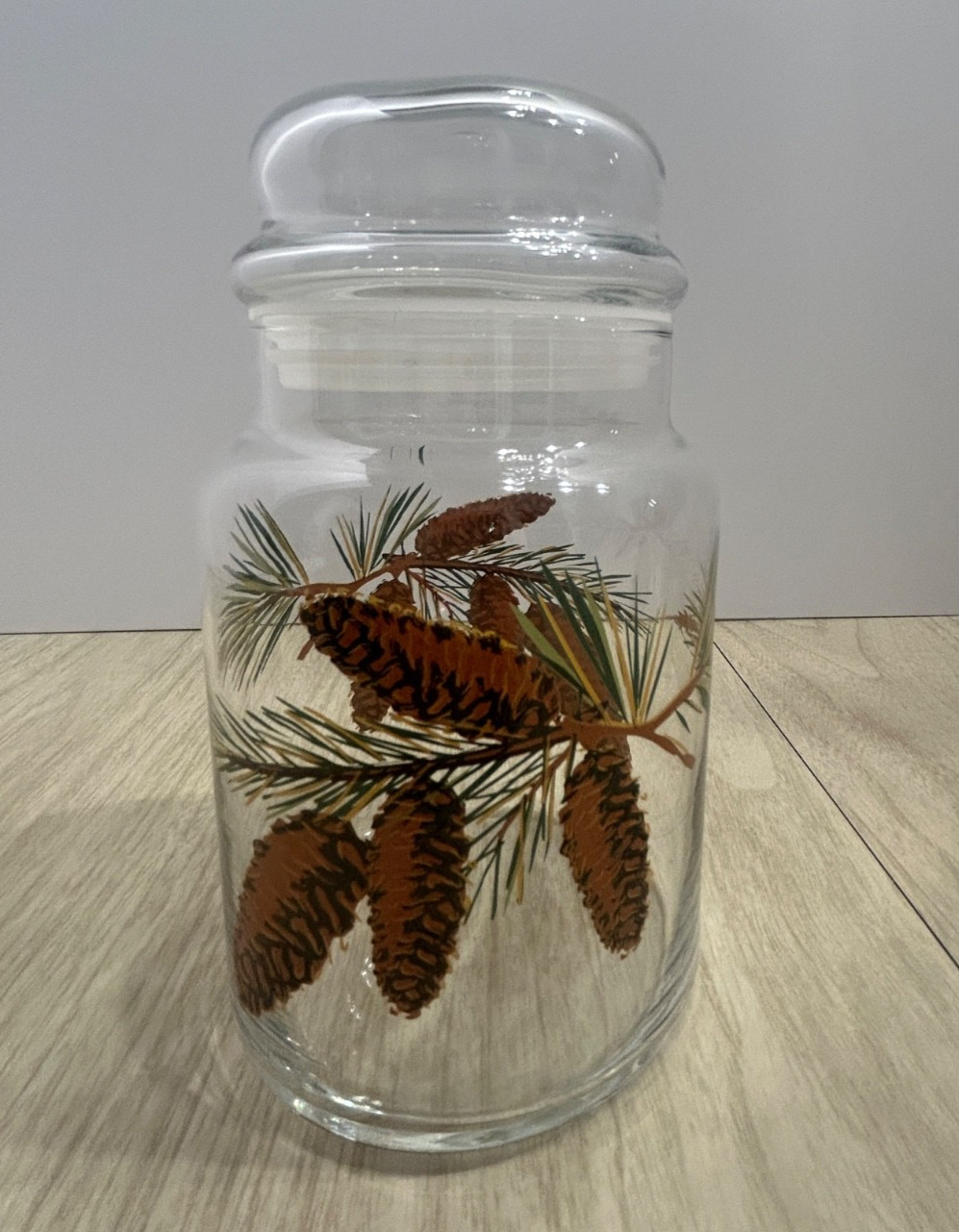 Apothecary Libbey Pine Cone Glass Canister Storage Jar & Lid Pinecones 7″ Vtg