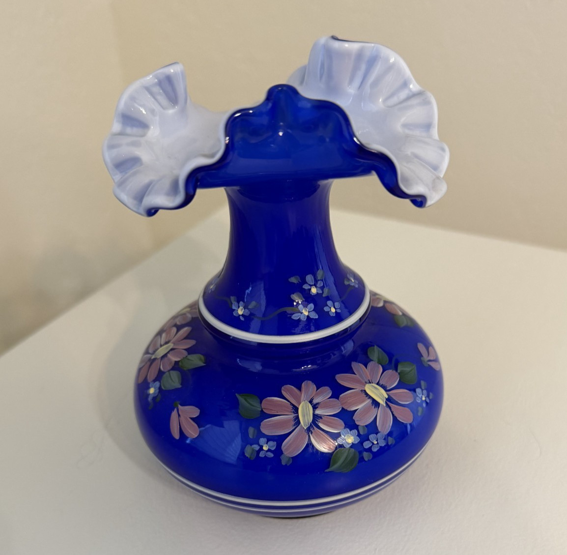 Fenton Cobalt Blue Overlay Vase, Hand Painted & Signed by Dianna Barbour