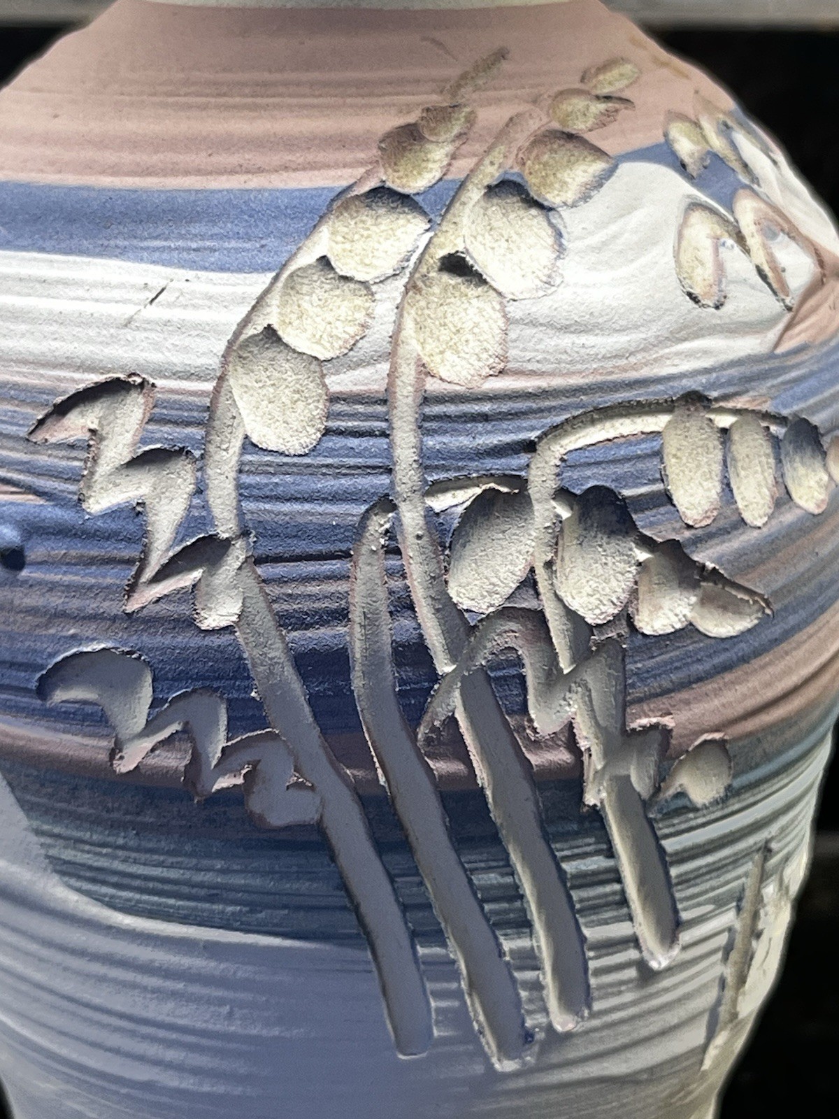 Studio Pottery Beach Vase Signed Ocean Carved Pink Blue Sunset 5×3