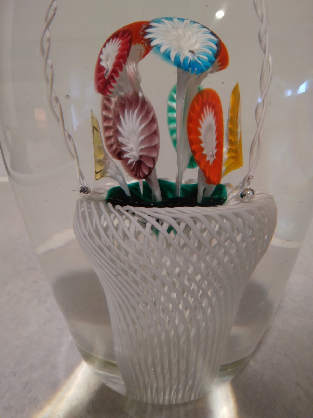 Huge 8.5″ Murano Basket Of Multi Color Flowers Art Glass Paperweight