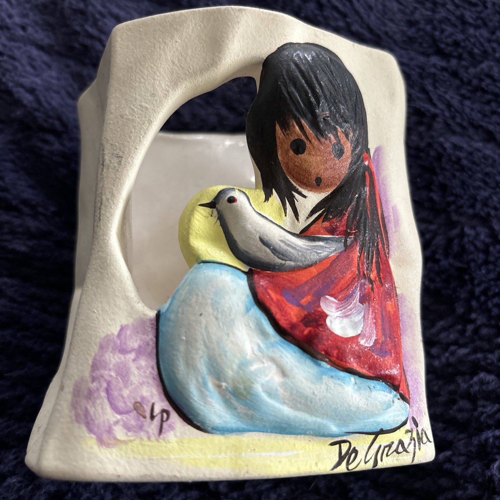 DeGrazia Tea Light or Votive Luminaria Style Candle Holder – Signed Girl & Bird