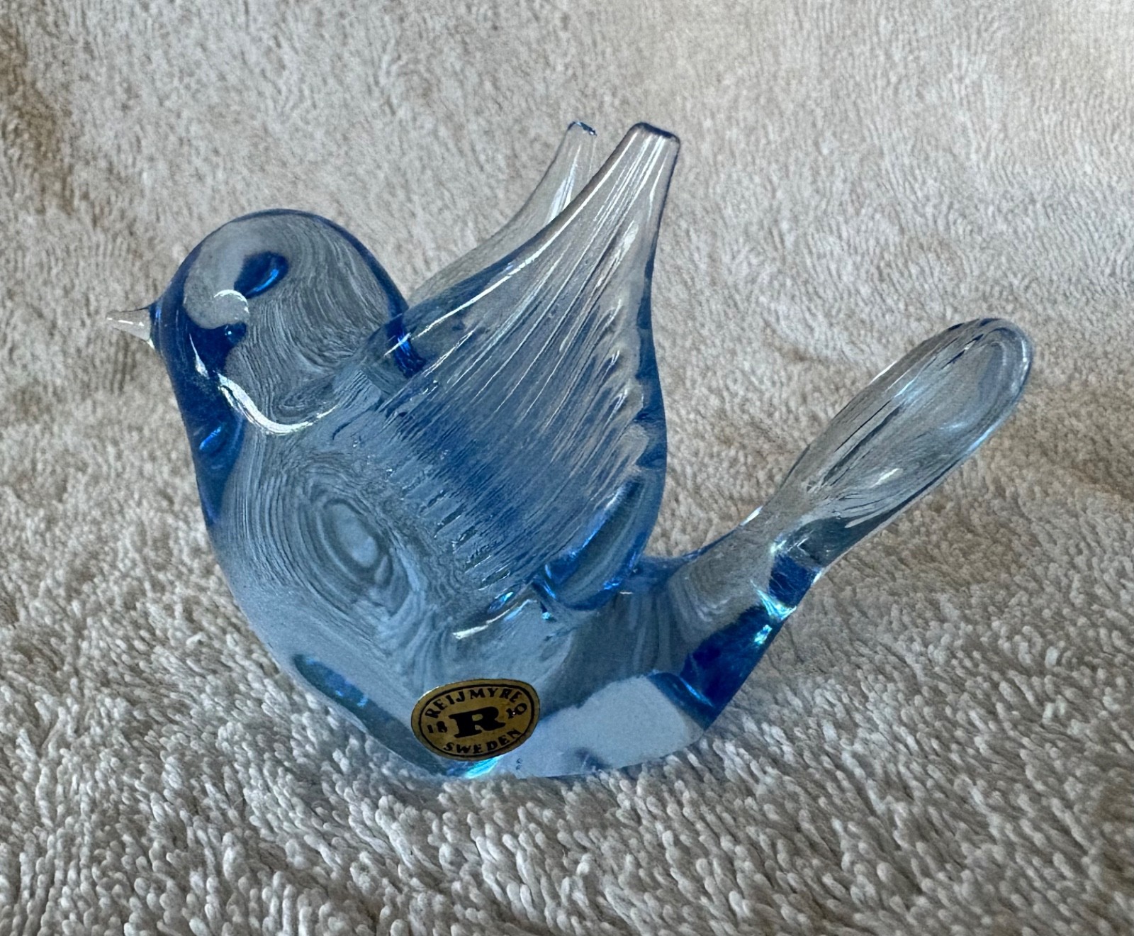 Hand Blown Glass Reijmyre Sweden Glass Chickadee Bird w/Label Blue Vintage