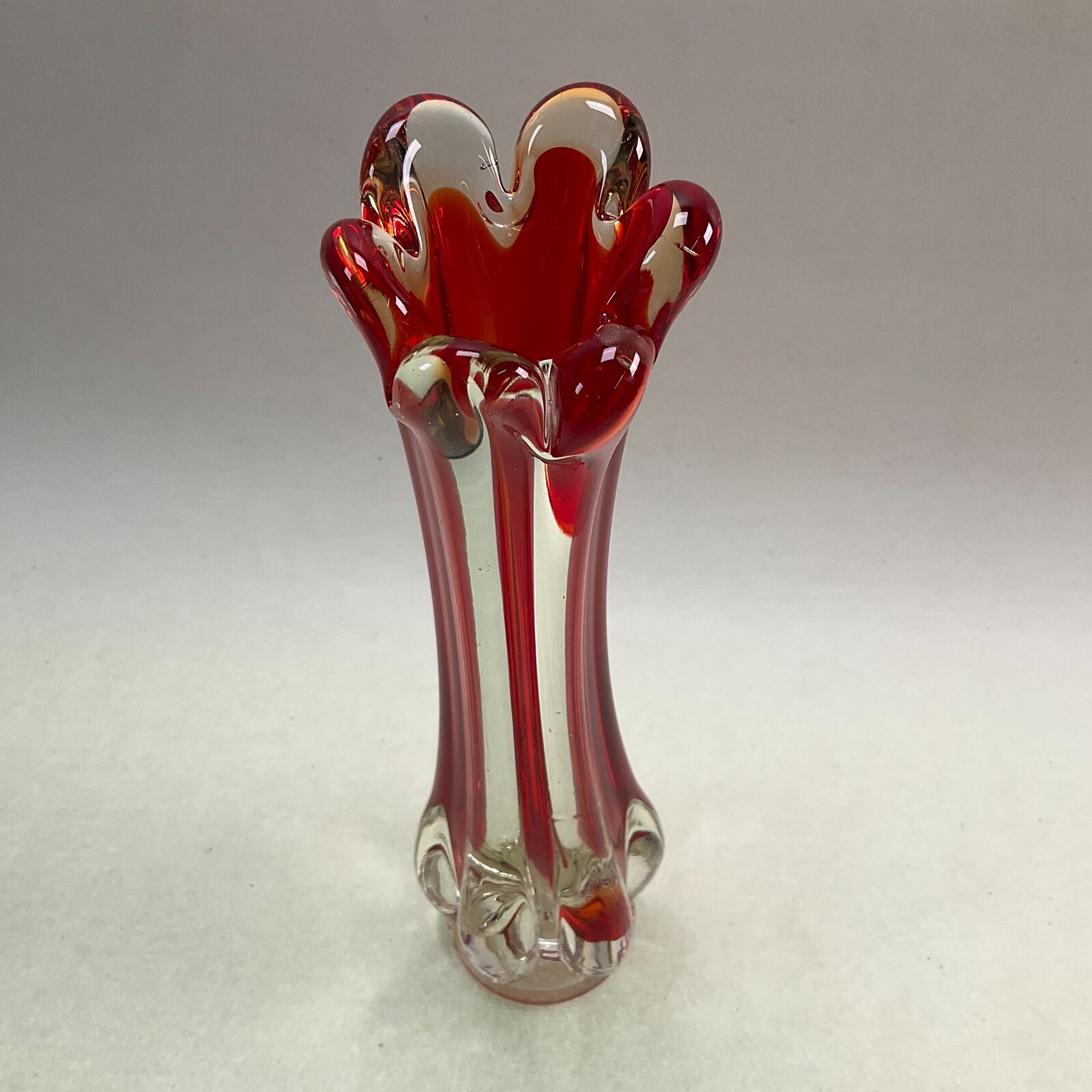 Cased Red Clear Swung Vase 6 Finger Ground Base 8 1/2″ Vintage Art Glass