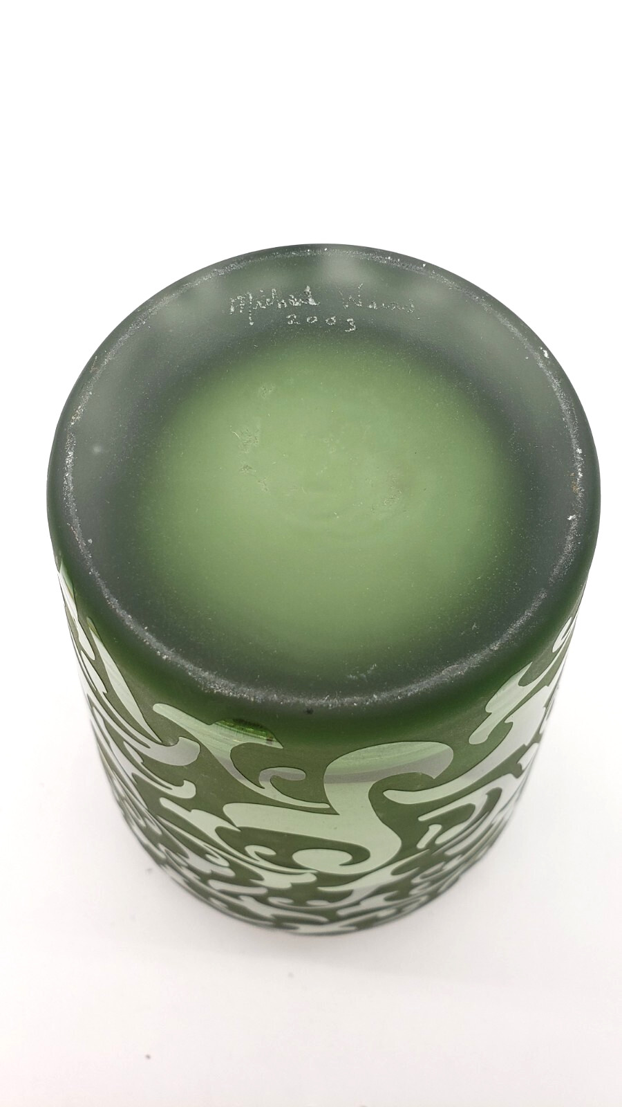 Michael Weems 9″ Acid Etched Green Art Glass Vase Signed Dated Elise 2003