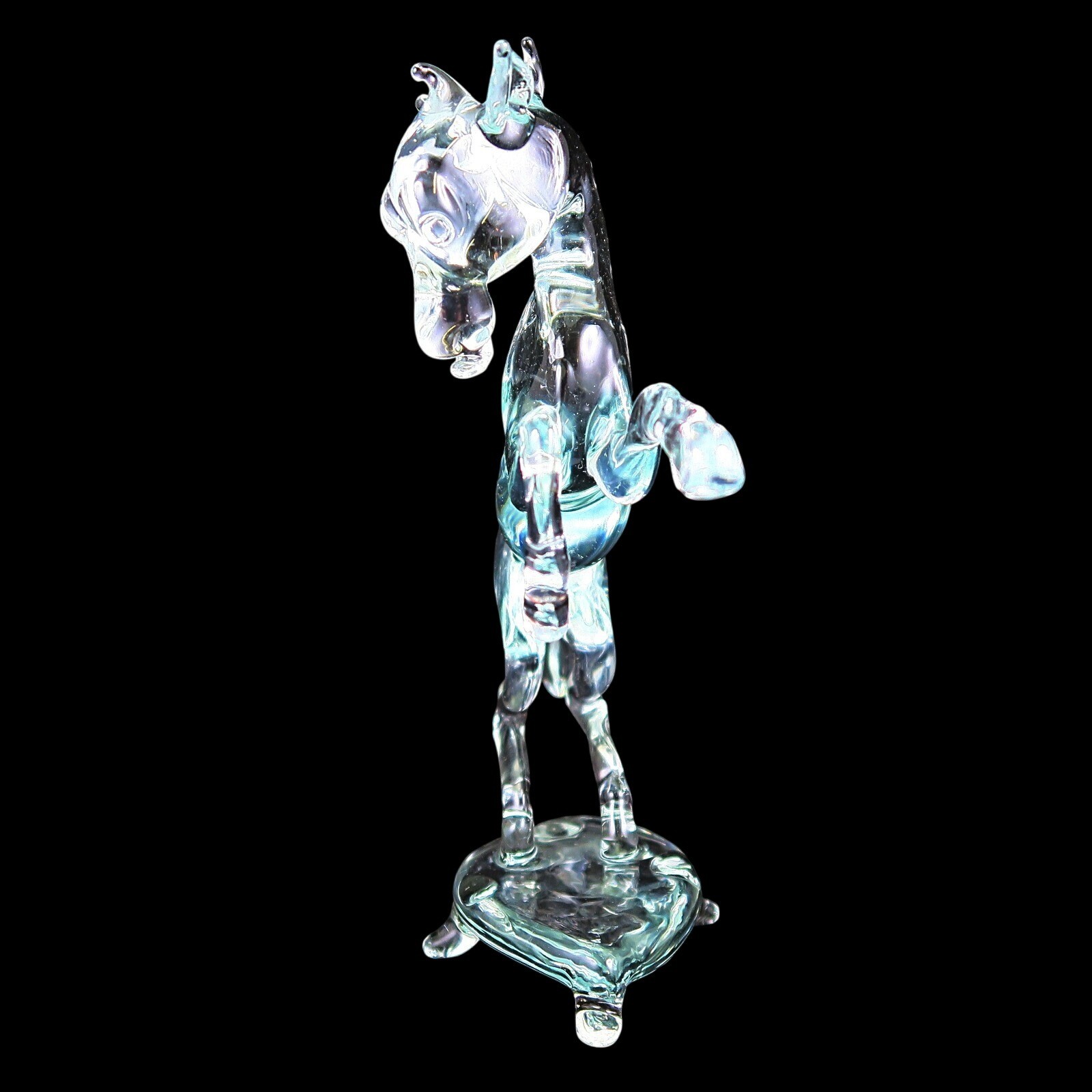 Vintage Art Glass Rearing Horse Figurine – Clear with Blue‑Green Tint, 6 Inches