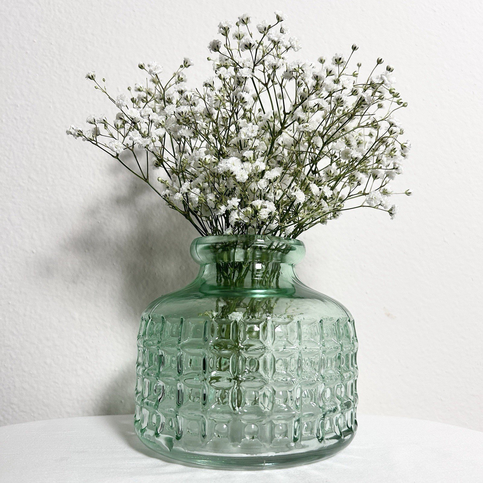 VTG Seafoam Sage Green Translucent Textured Geometric Pattern Glass Decor Vase
