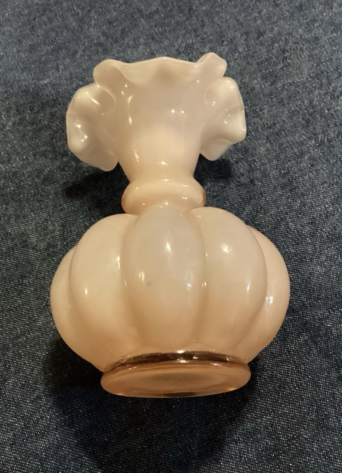 Vintage Ruffle Glass Vase 4-3/4” Pink Rose Overlay Melon Glass Art Deco