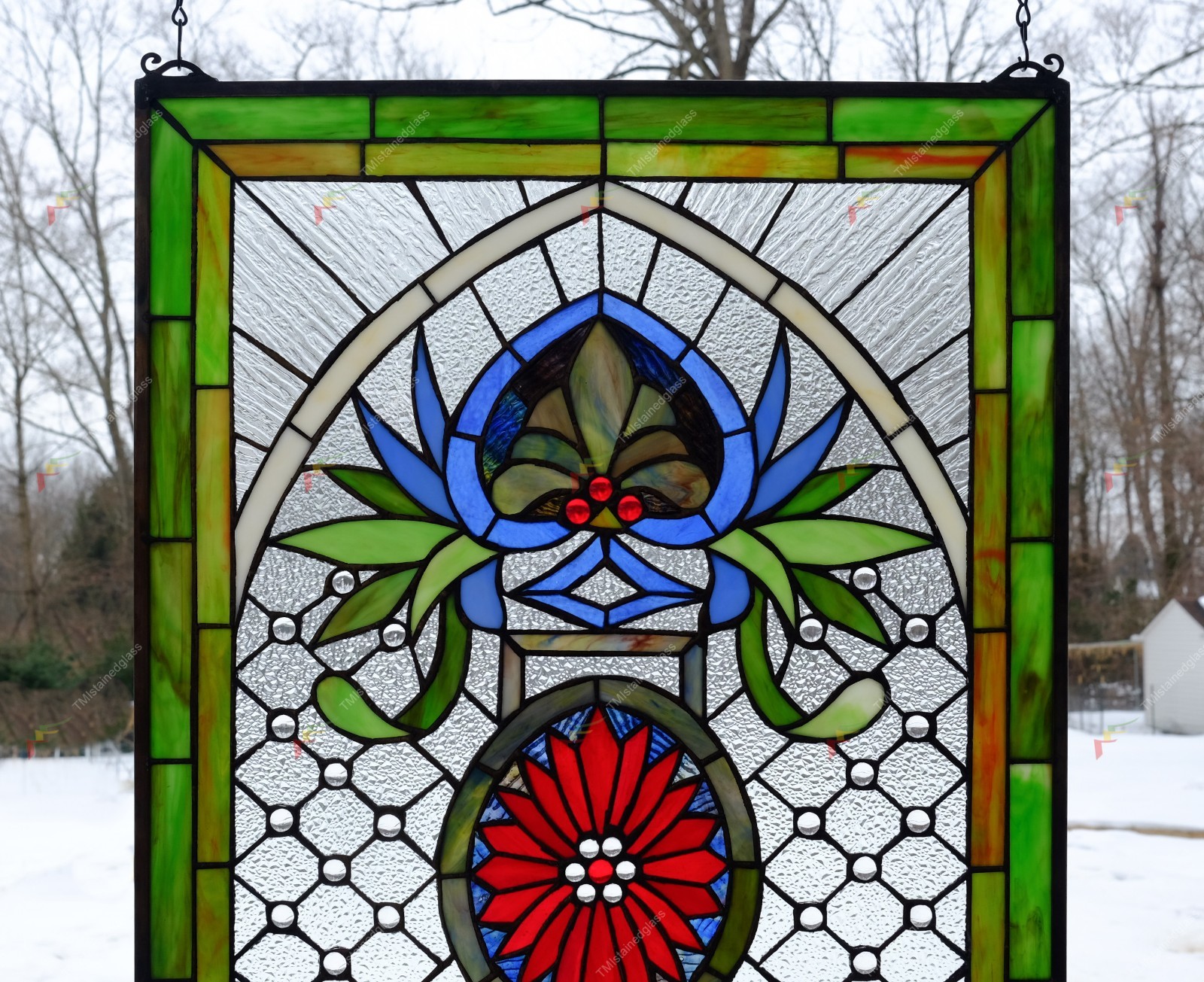 20″ x 34″ Jeweled Tiffany Style stained glass window panel glass panel, HF142