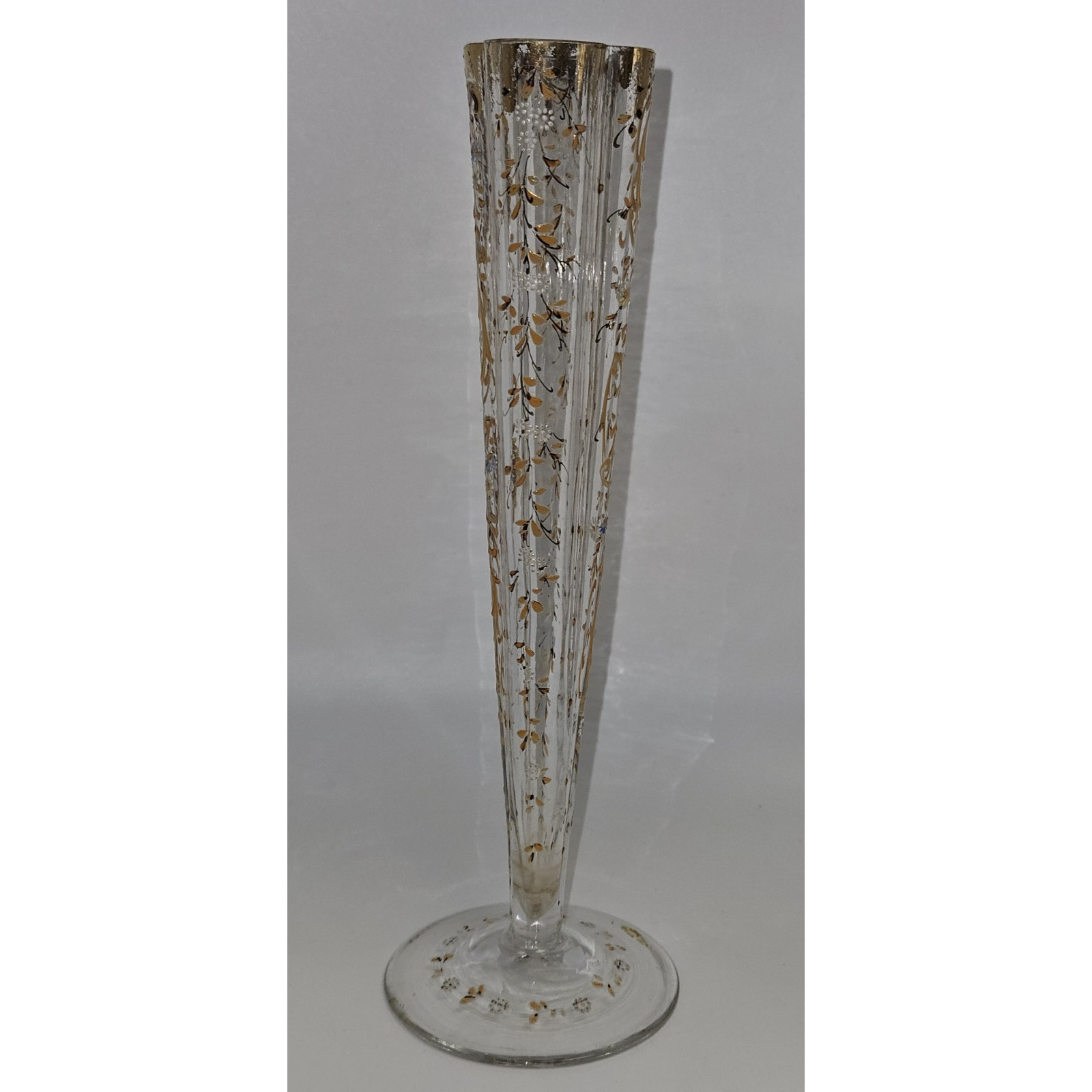 Vtg “Moser Style” Trumpet Clear Blown Glass Enameled Hand Painted Vase 10″