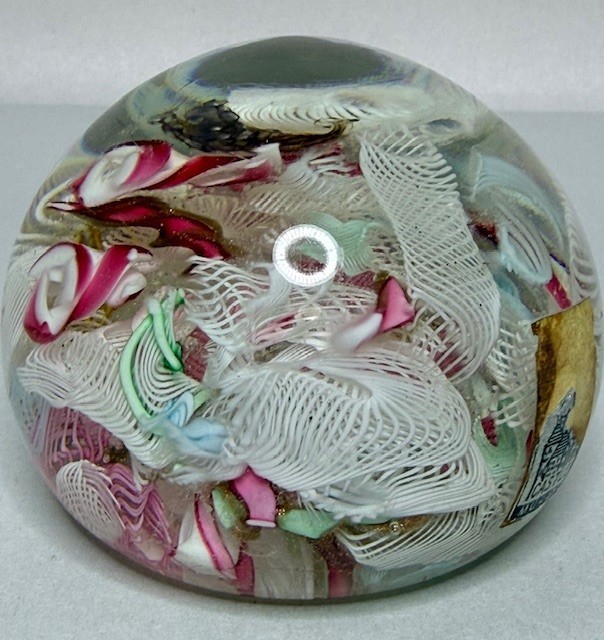 VTG Murano Paperweight Fratelli Toso Pink, White Latticino Art Glass Foil Label