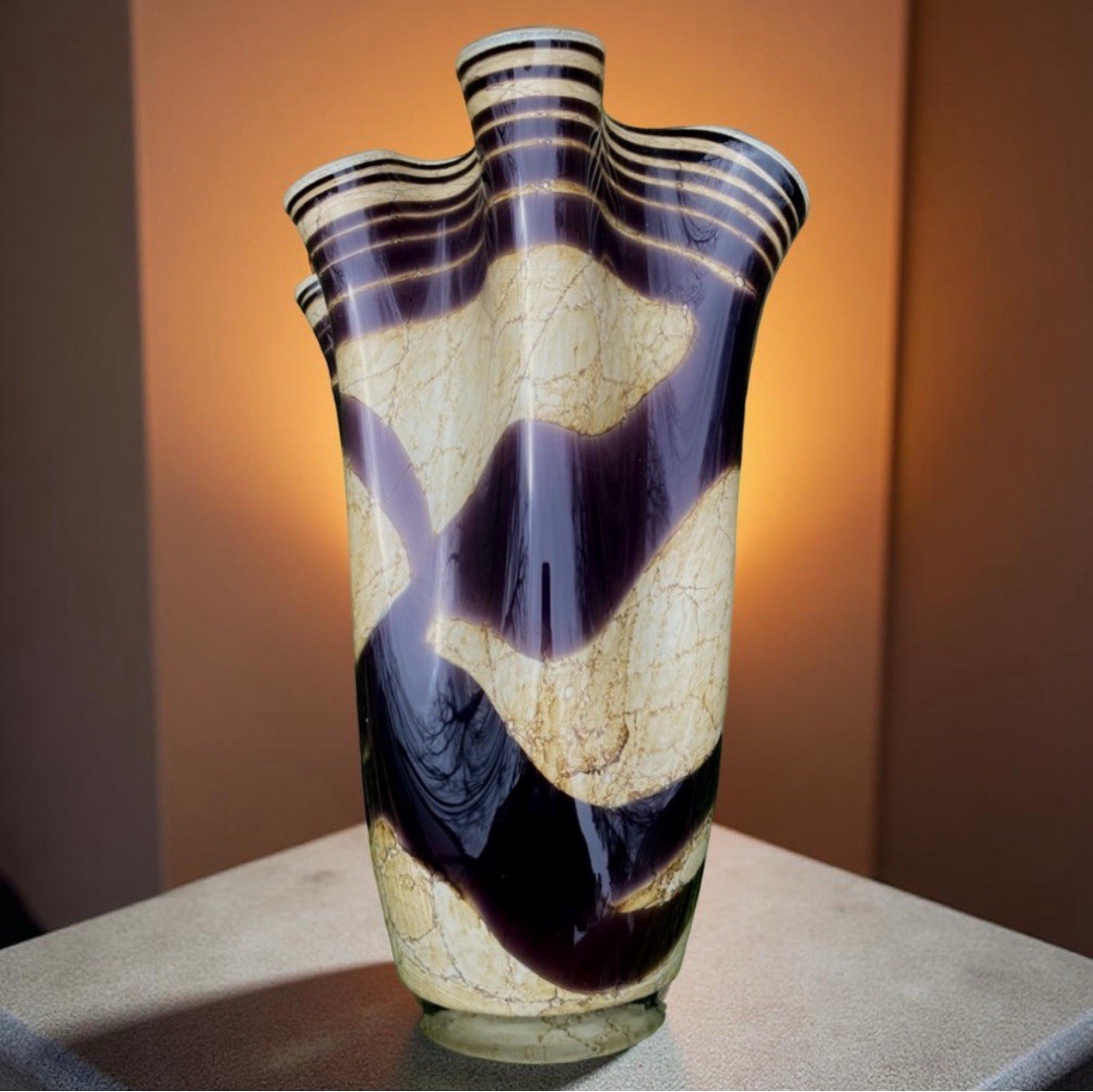 Krosno Jozefina Hand Blown Art Glass Handkerchief Vase Brown Ivory Poland 13.75