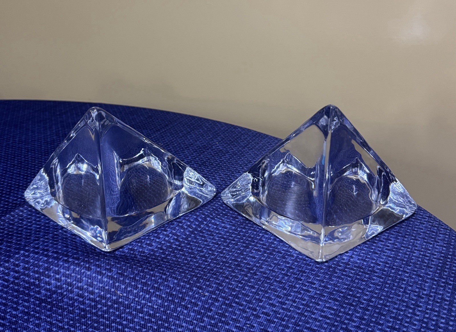 Nybro Art Glass Ice Pyramid Candle Holder By Tord Kjellstrom Sweden MCM Set of 2