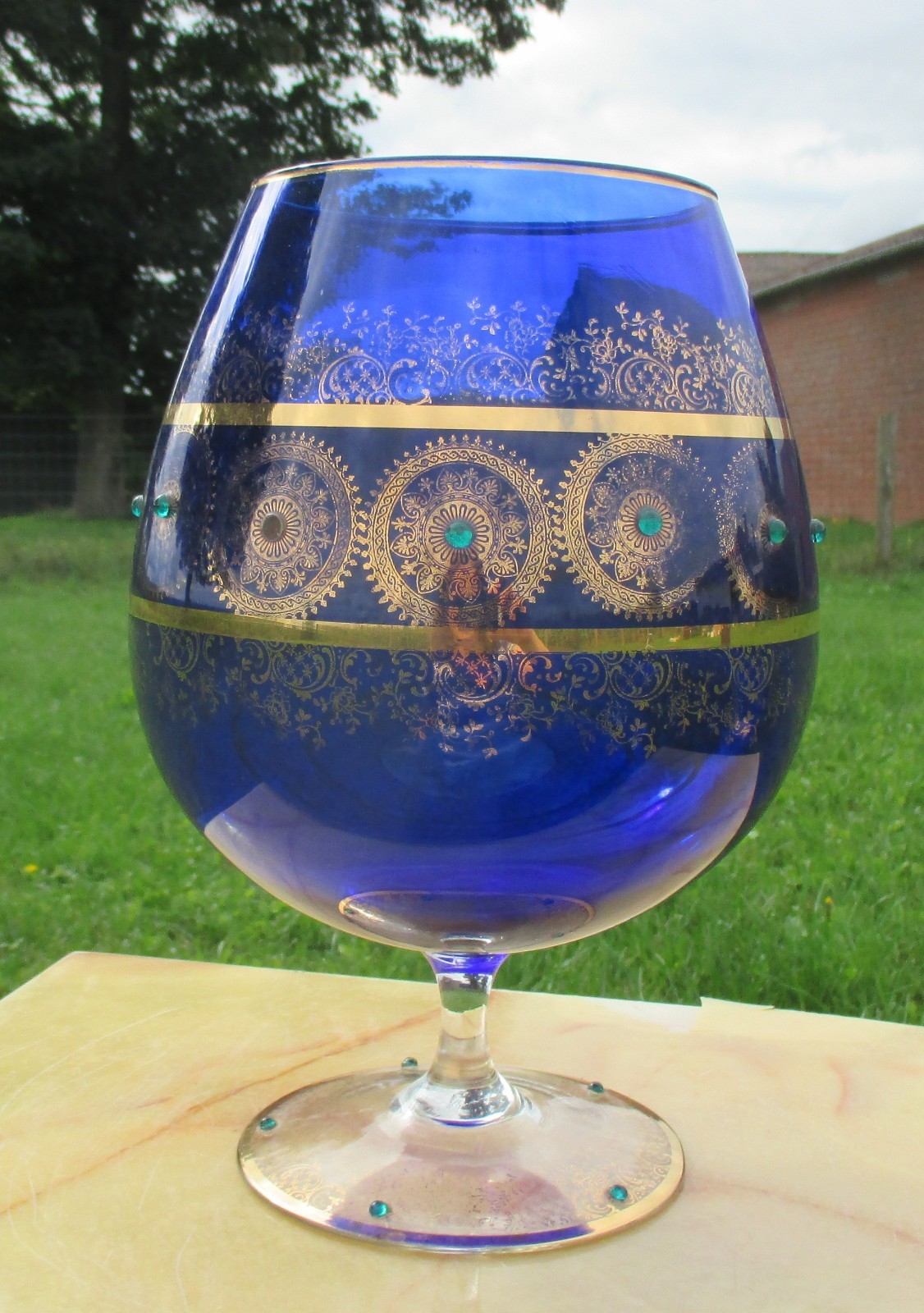Vintage Blue round Chalice Vase Art Glass Gold Gilt Green “Pearls” 11.02″