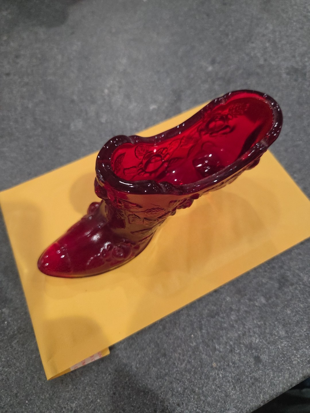 Ruby Red Fenton glass Shoe; Cabbage Rose Embossed glows under black light