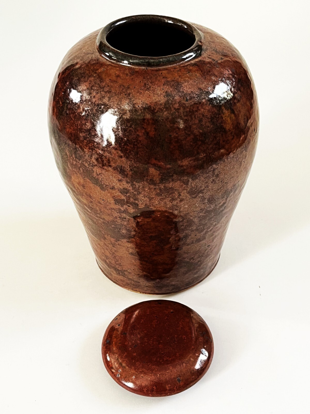 ARTS CRAFTS MISSION STYLE LIDDED JAR VASE HAMMERED COPPER GLAZE STUDIO POTTERY