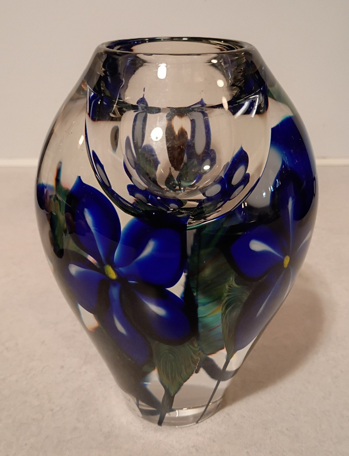 6.25″ Signed & Sticker Gorgeous David Lotton 2001 4 Blue Flower Art Glass Vase