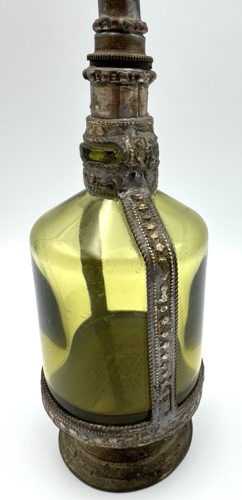 Moroccan Vintage Perfume Bottle Antique Green Glass w/ Metal Overlay Handmade