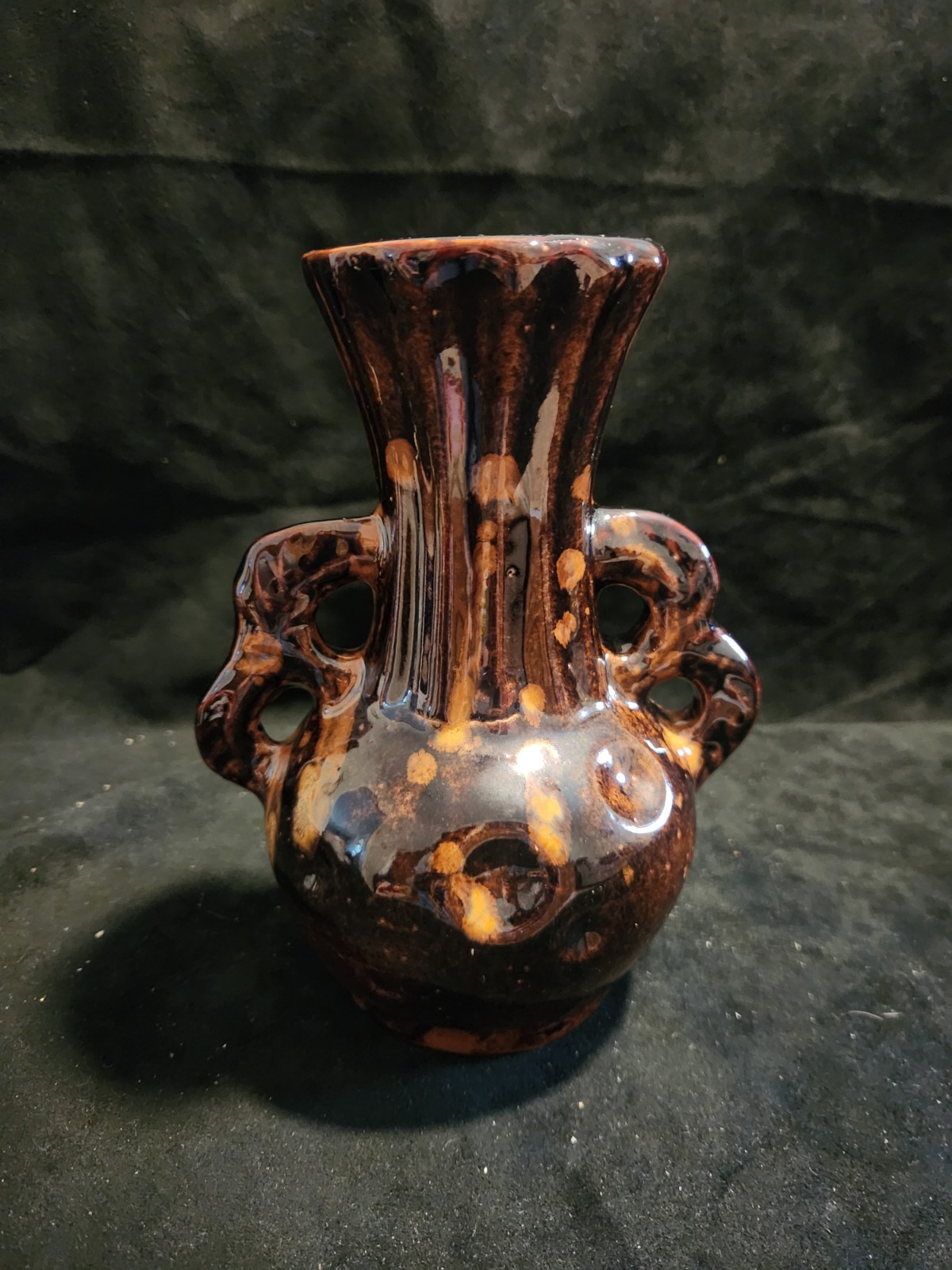 Vintage Sung Style Oil Spot Glazed 2 Handle Pottery Vase Chinese Handmade 8″