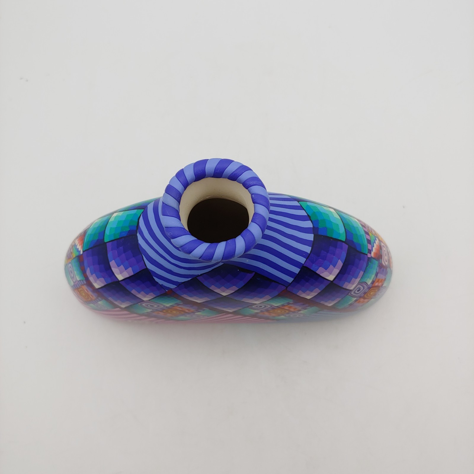 Handmade Colorful Polymer Clay Vase – 6.5″ Blue Green Purple Striped Geometric