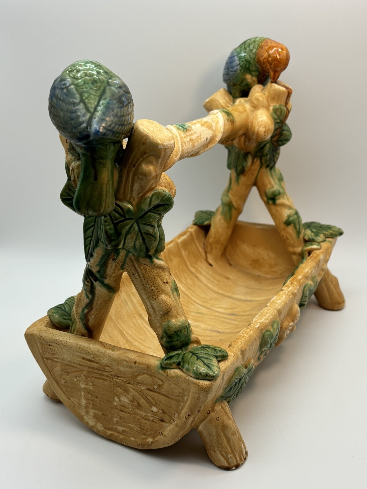 Victorian Pottery Strawberry Server Basket Planter 13” Parrots Birds Vintage