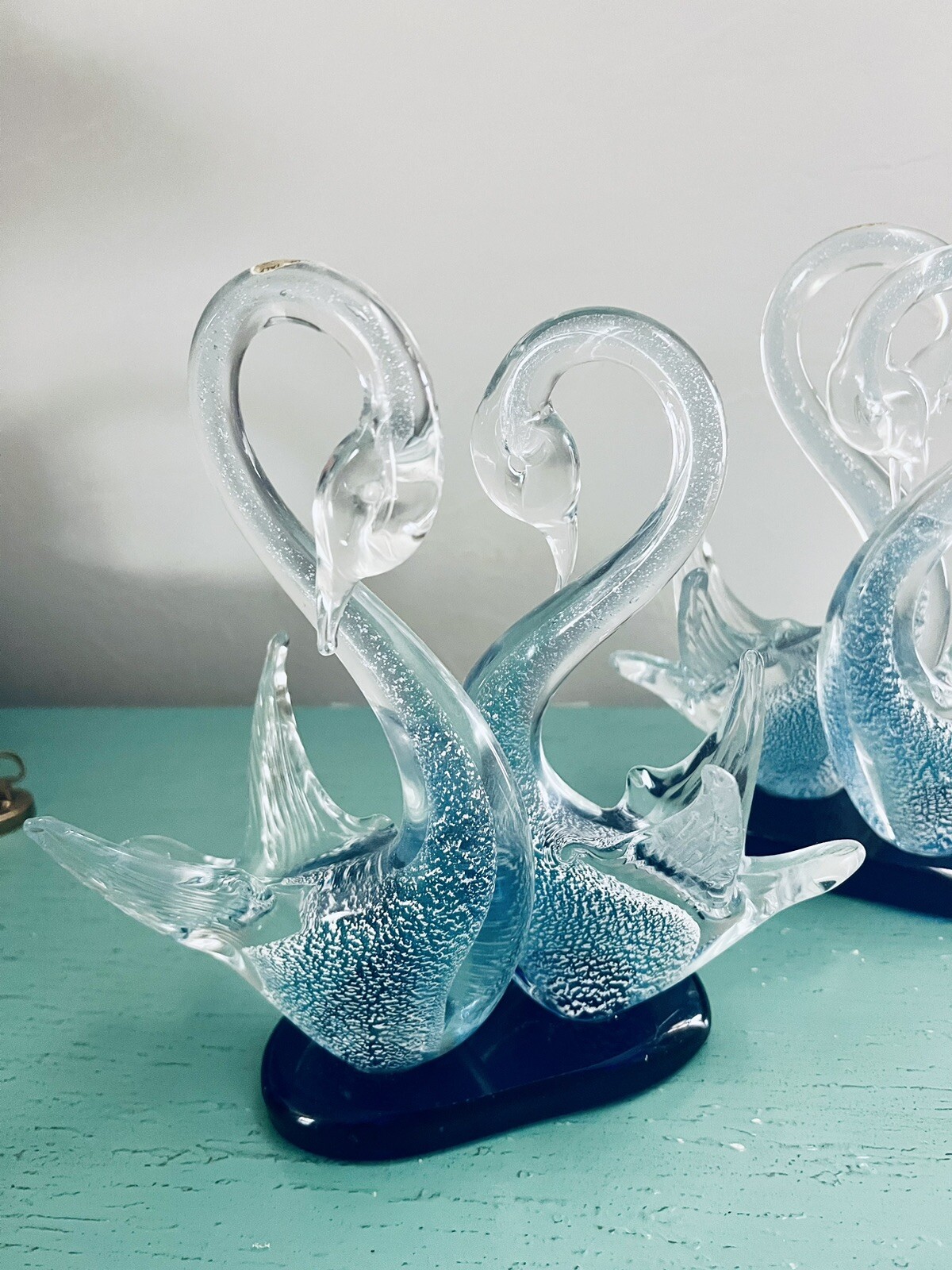 2 Rare MURANO Italy Art Glass Pair of Swans Blue Silver Figurine Heart Love