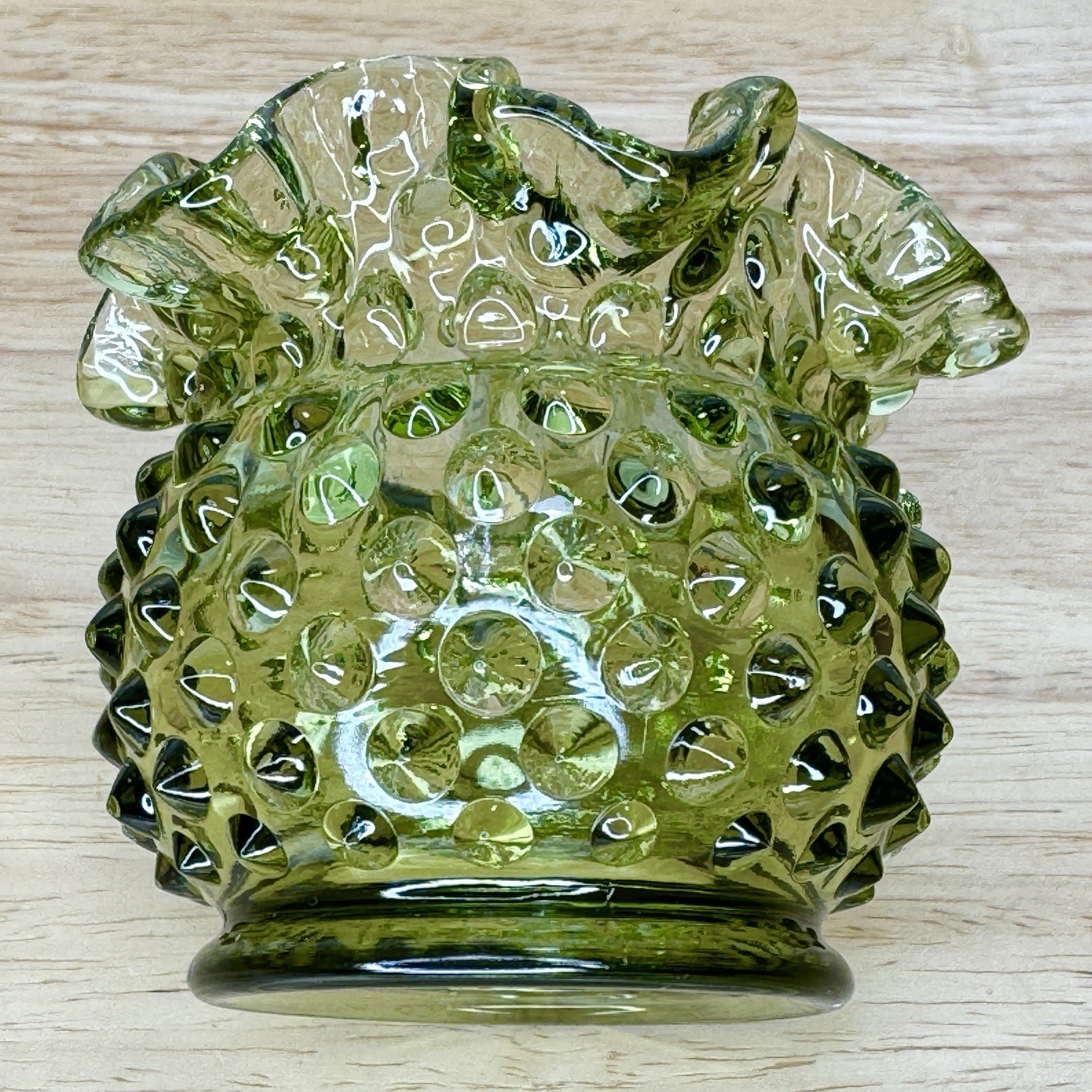 Fenton Hobnail Ruffled Glass Vase Colonial Green Rose Bud Bowl 3 ” Tall Vintage