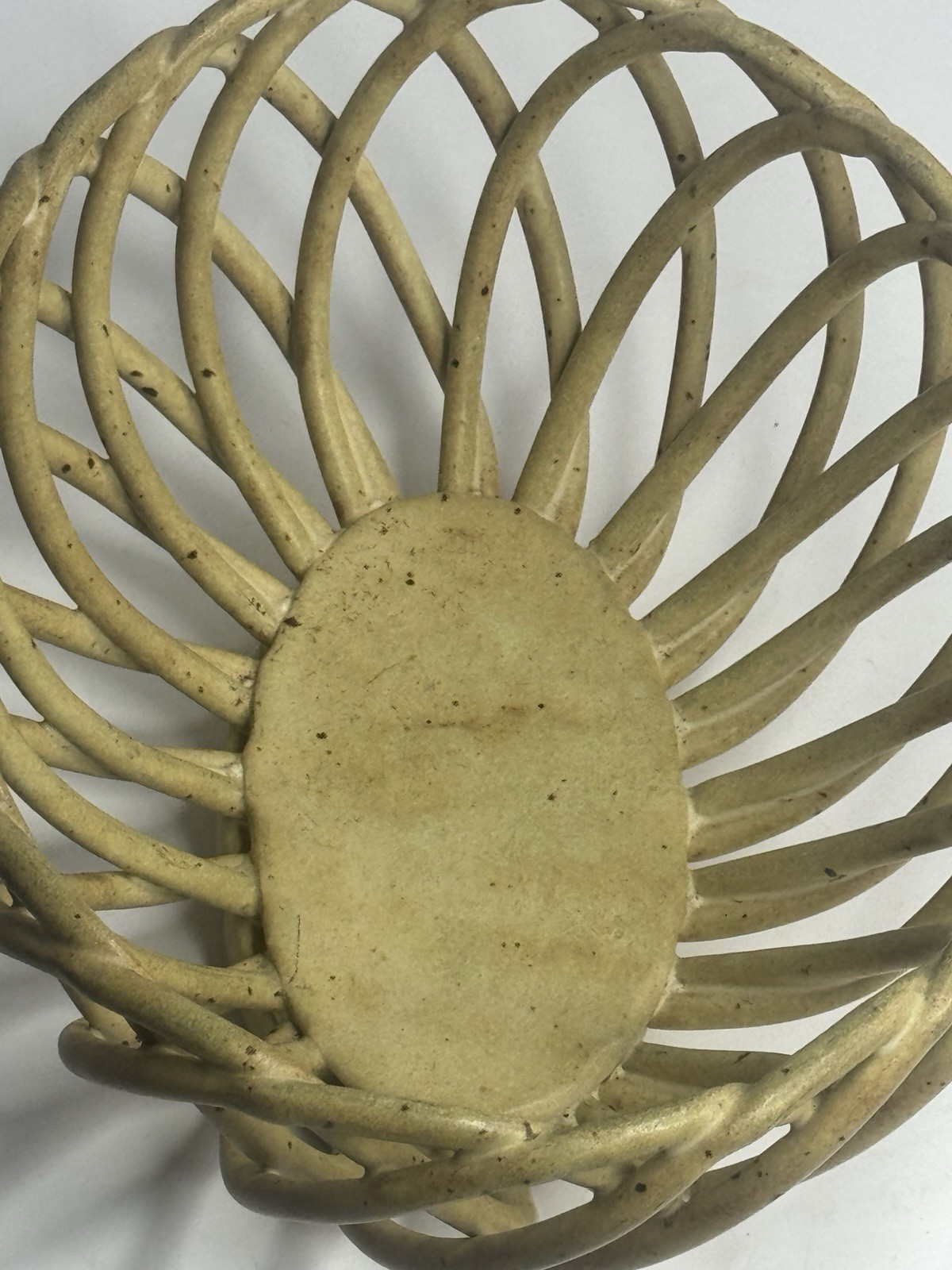 Vintage Ceramic Woven Lattice Basket Bowl 10.5in Eucalyptus Glaze Centerpiece