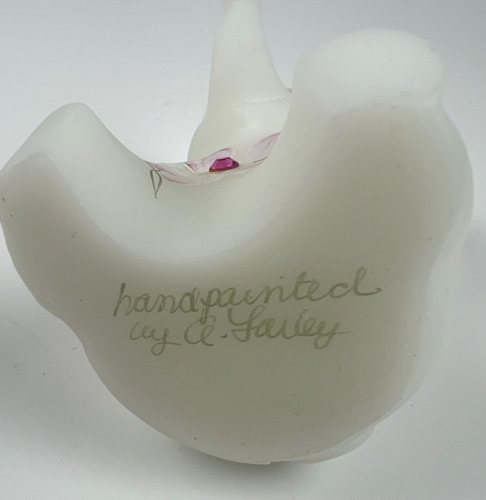 vintage Fenton Glass Dewdrops Baby Elephant white satin hand painted signed 2004
