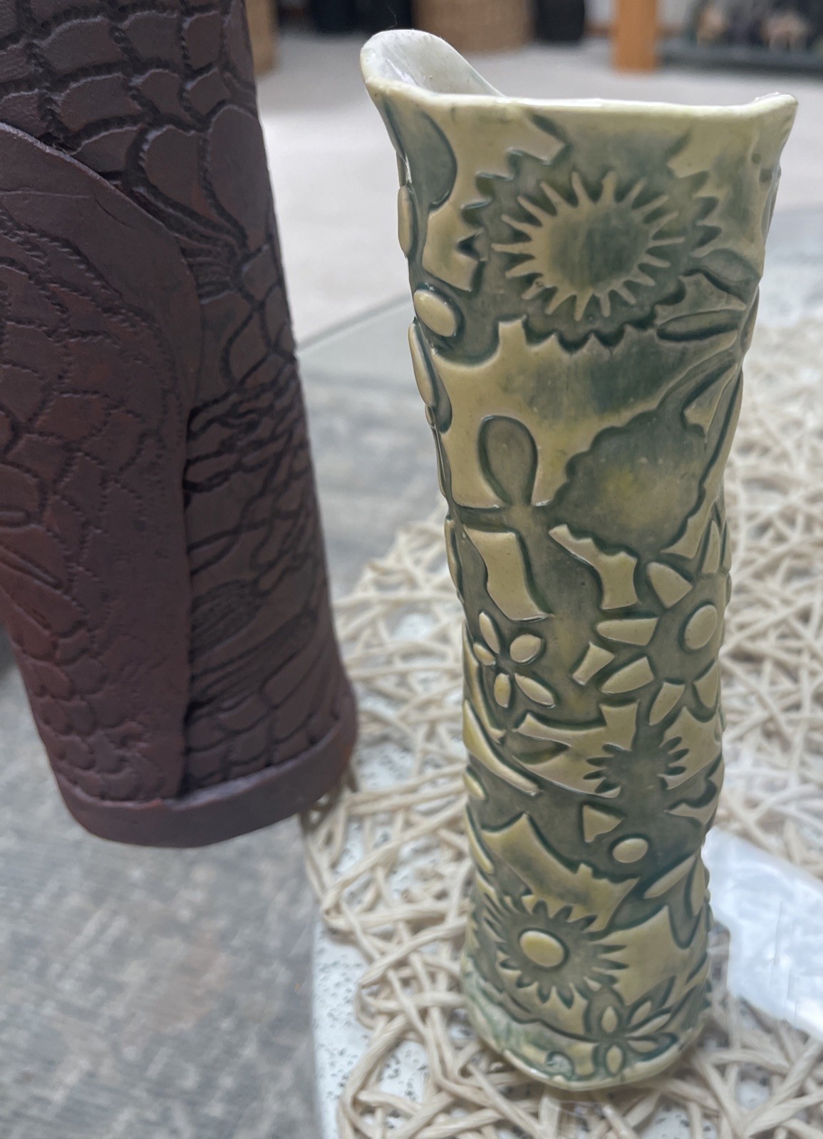 2 Mid Century impressed & Incised Decorated Pottery Cylinder Vases – Signed RARE