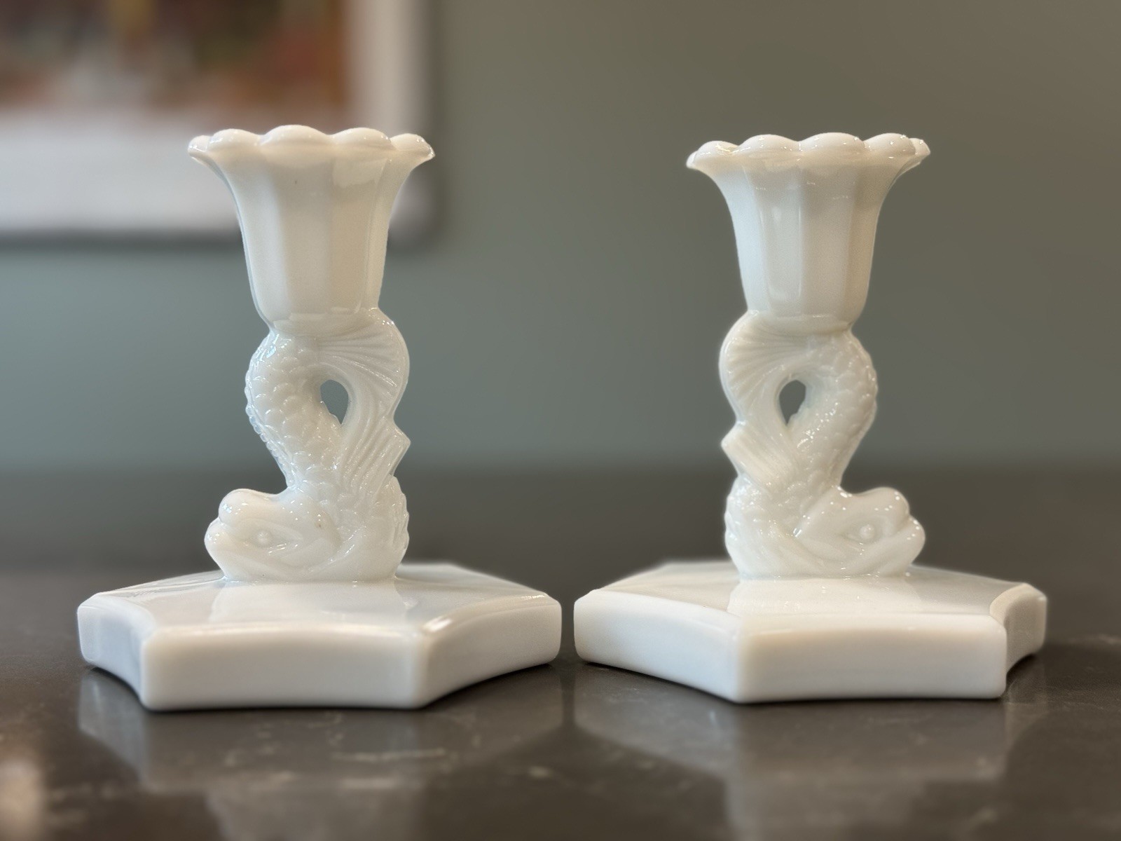 Westmoreland Glass DP 1 Series Dolphin 4″ Candlestick Pair in Milk Glass Custard