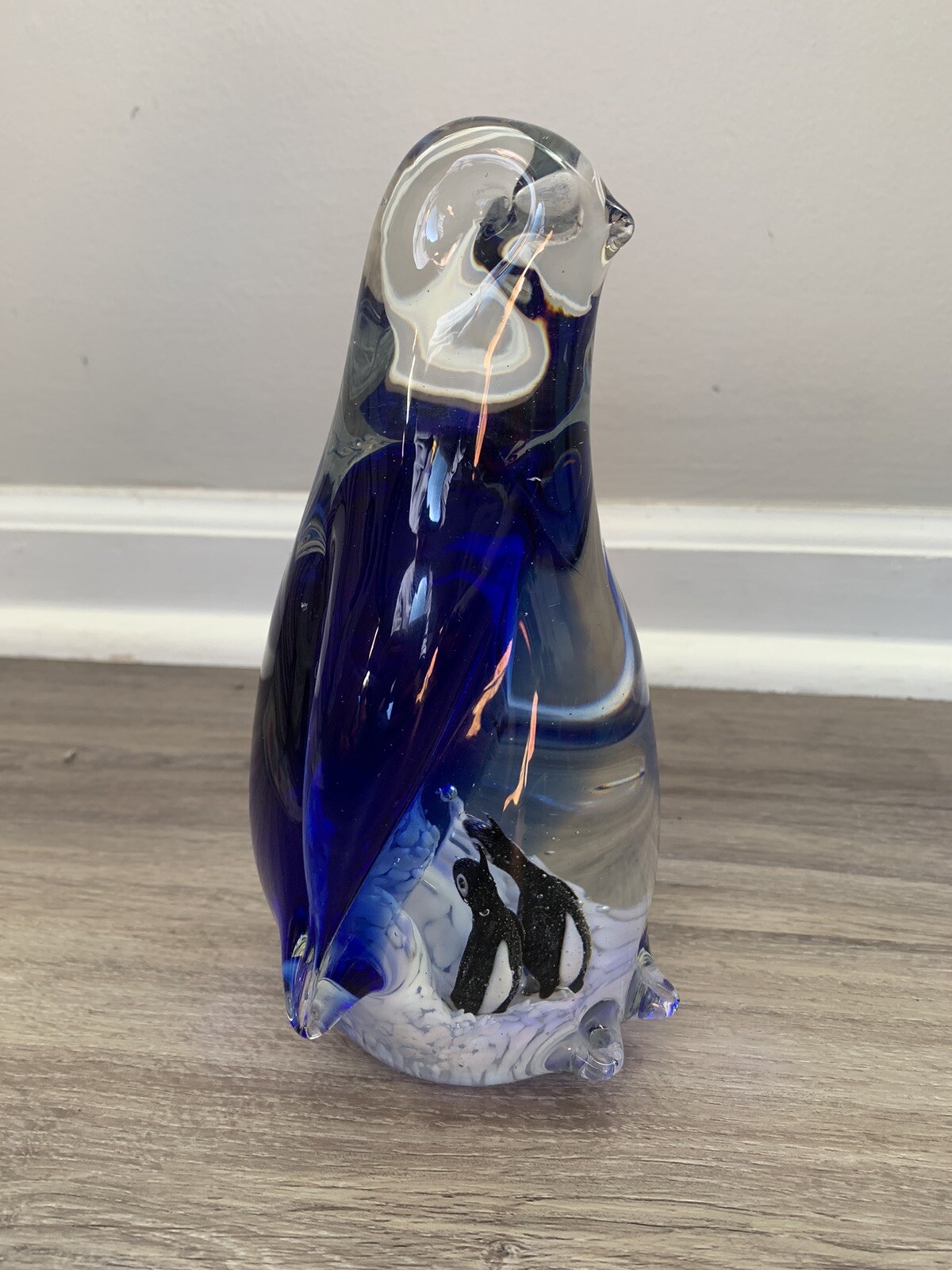 Murano Style Cobalt Art Glass Mother PENGUIN w/ Babies Figurine Paperweight 8”
