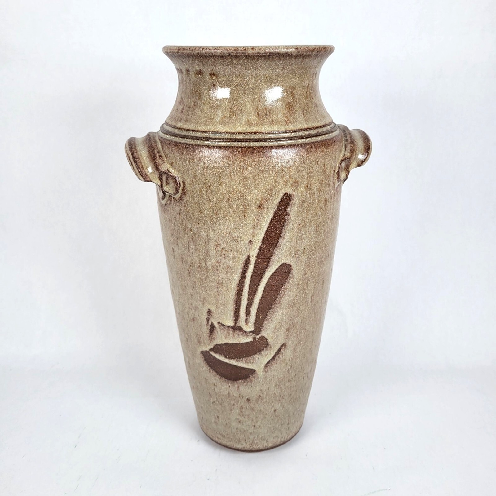 Vtg Studio Pottery Vase Handles Abstract Rustic Richard Dick Lien Signed 12″