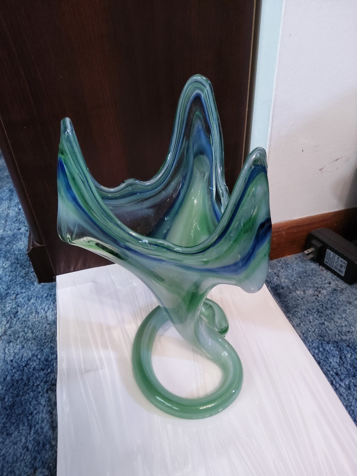 Hand Blown glass vase green, clear And Blue – Used (Vintage)