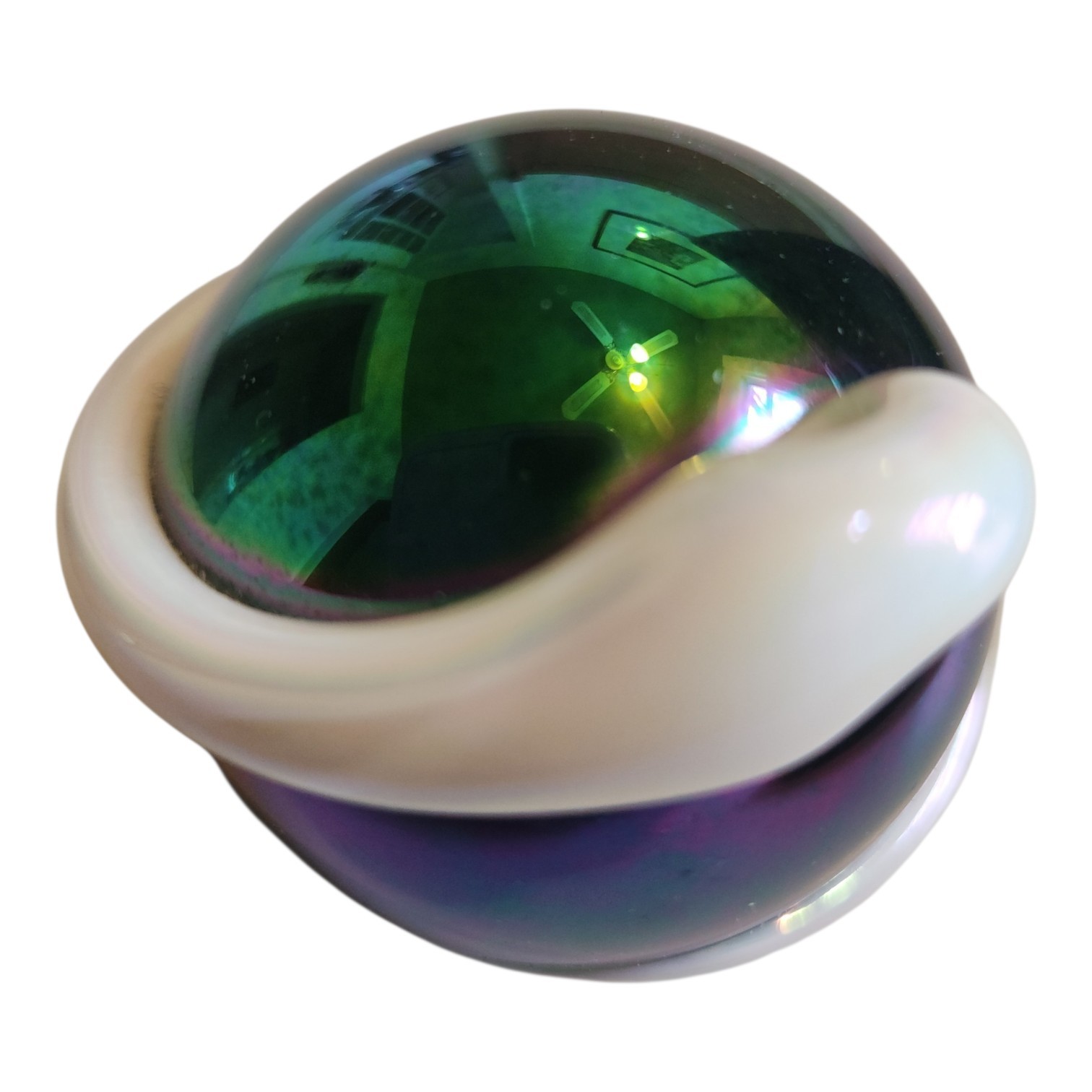 Crider Glass Paperweight Signed Green W White Bird Wrap 1982 Vtg 1 3/4″