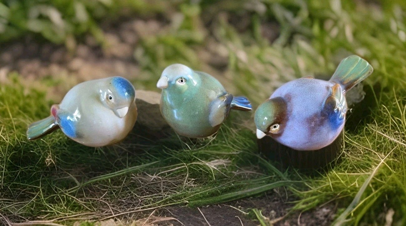 3 Chubby Round Pottery Birds Farmhouse Sparrow Finch Figurine Decor Nature Boho