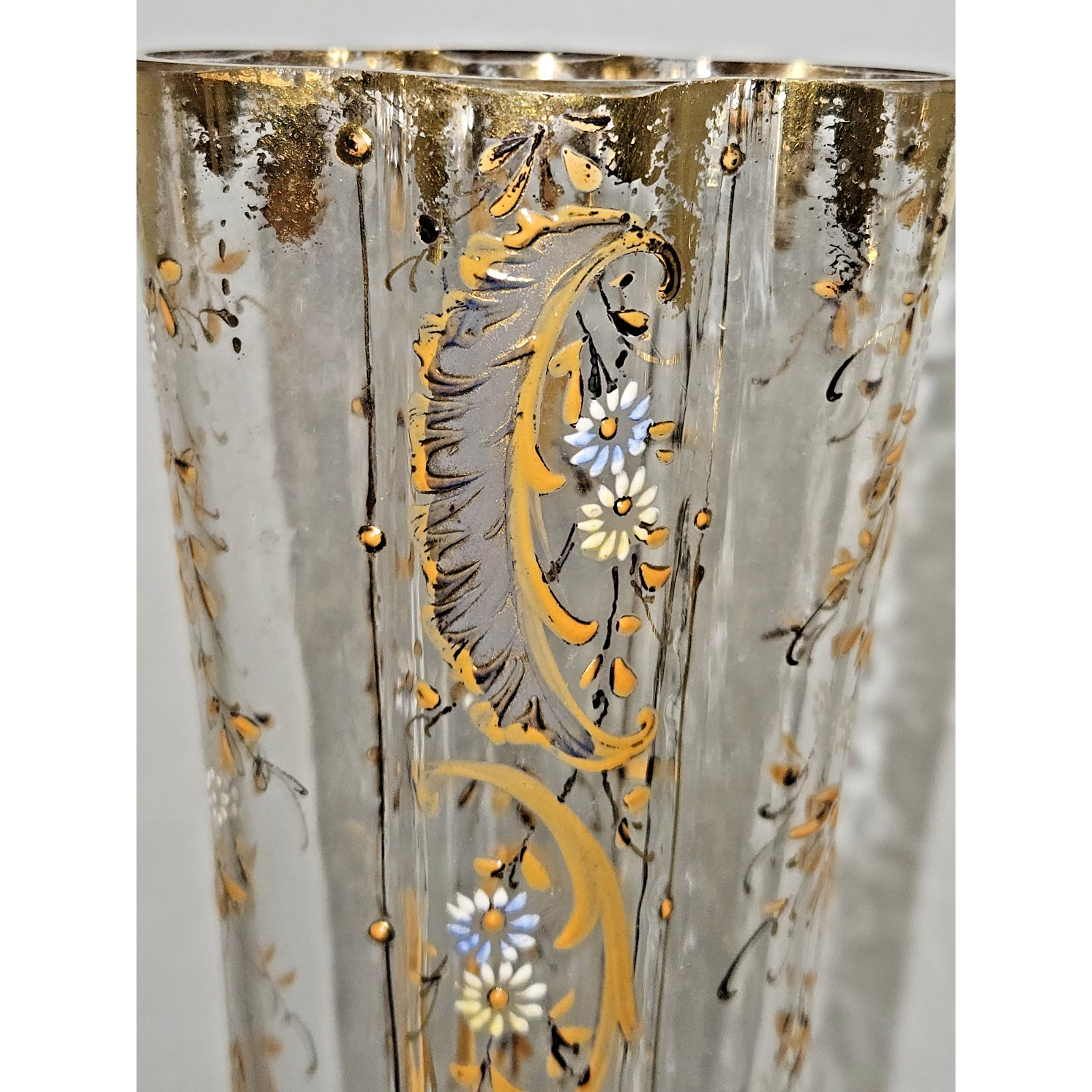 Vtg “Moser Style” Trumpet Clear Blown Glass Enameled Hand Painted Vase 10″