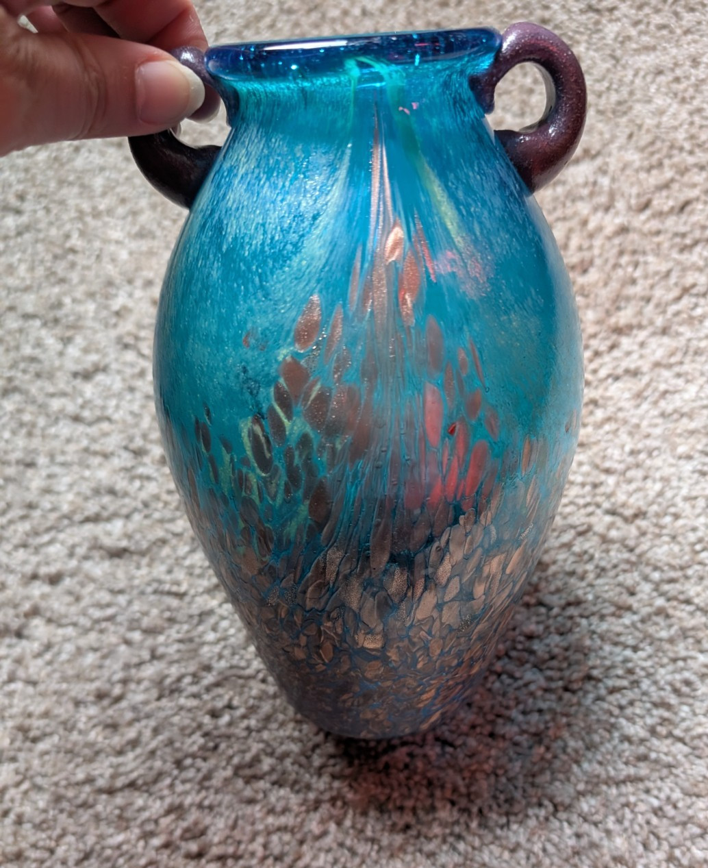 Dale Tiffany art glass vase teal blue copper aventurine purple double handle