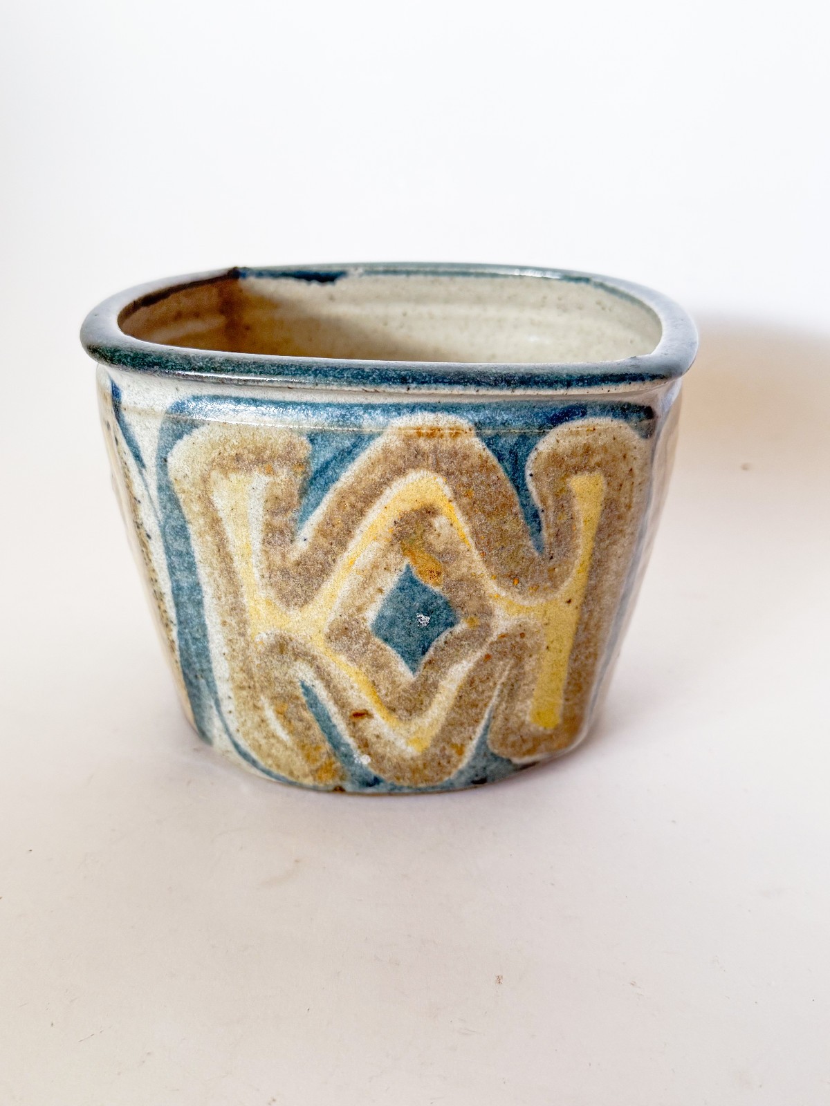 Mid 20th Century Glazed Studio Pottery Squared Planter, Signed, Mod Design