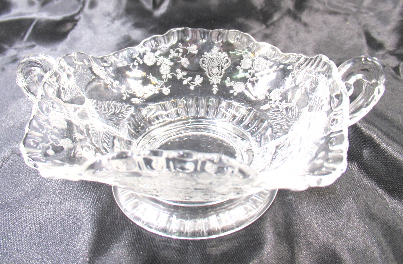 Vtg Cambridge Etched Glass Footed Basket Bowl Rose Point Dbl Handled 5″