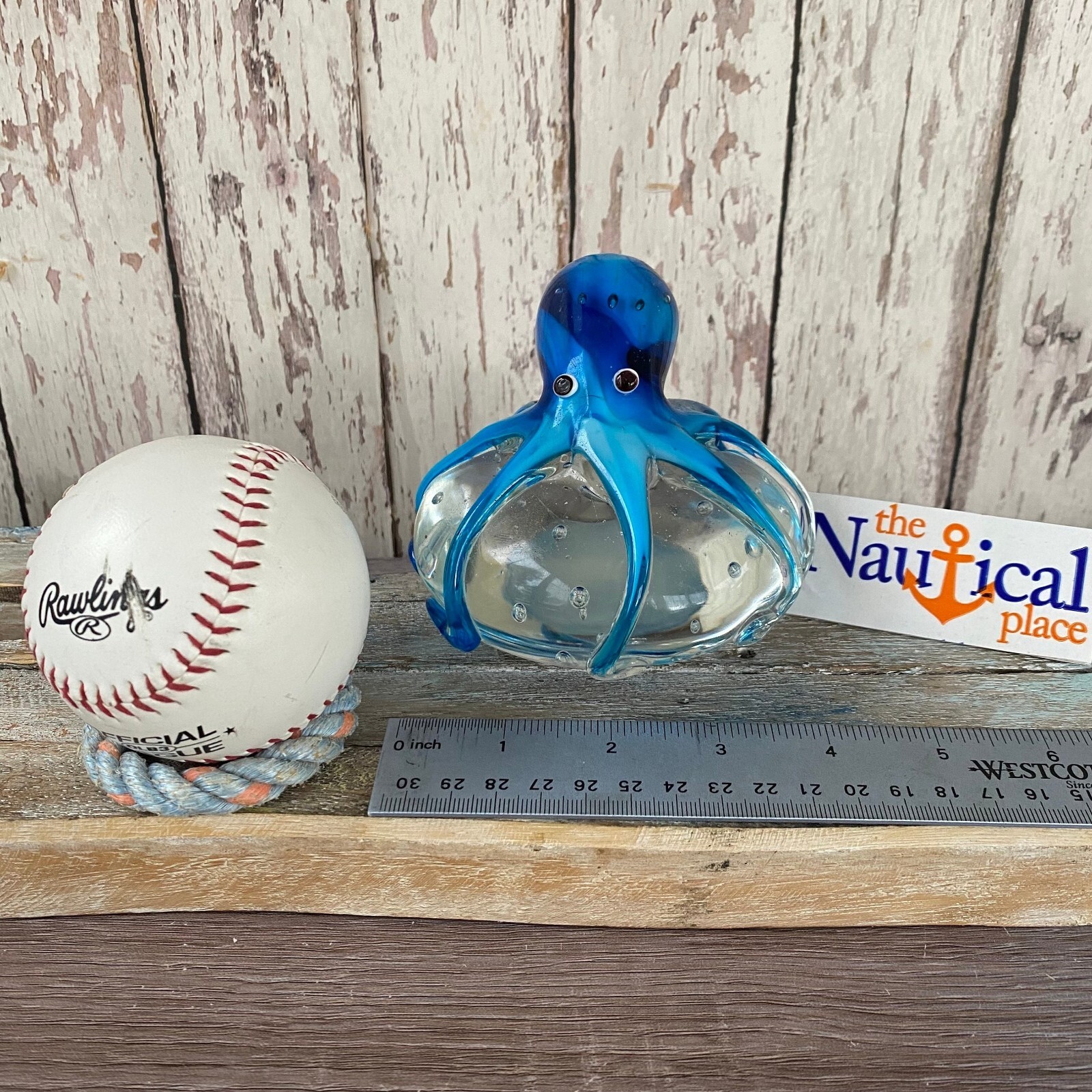 Glass Octopus On Ball Figurine – 2.25 lbs. – Blue & Aqua – Hand Blown Tropical