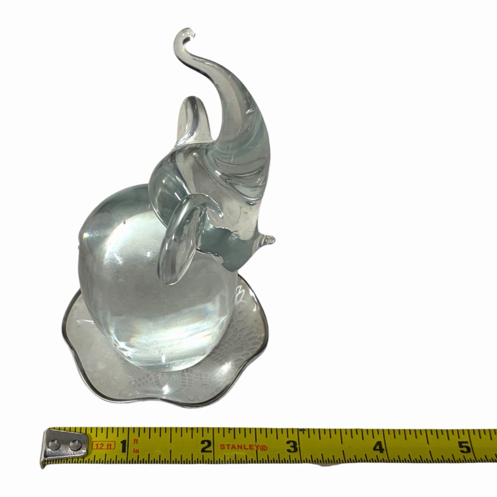 VTG Handblown Elephant Trunk Up Figurine Paperweight Clear Glass Doily Tray