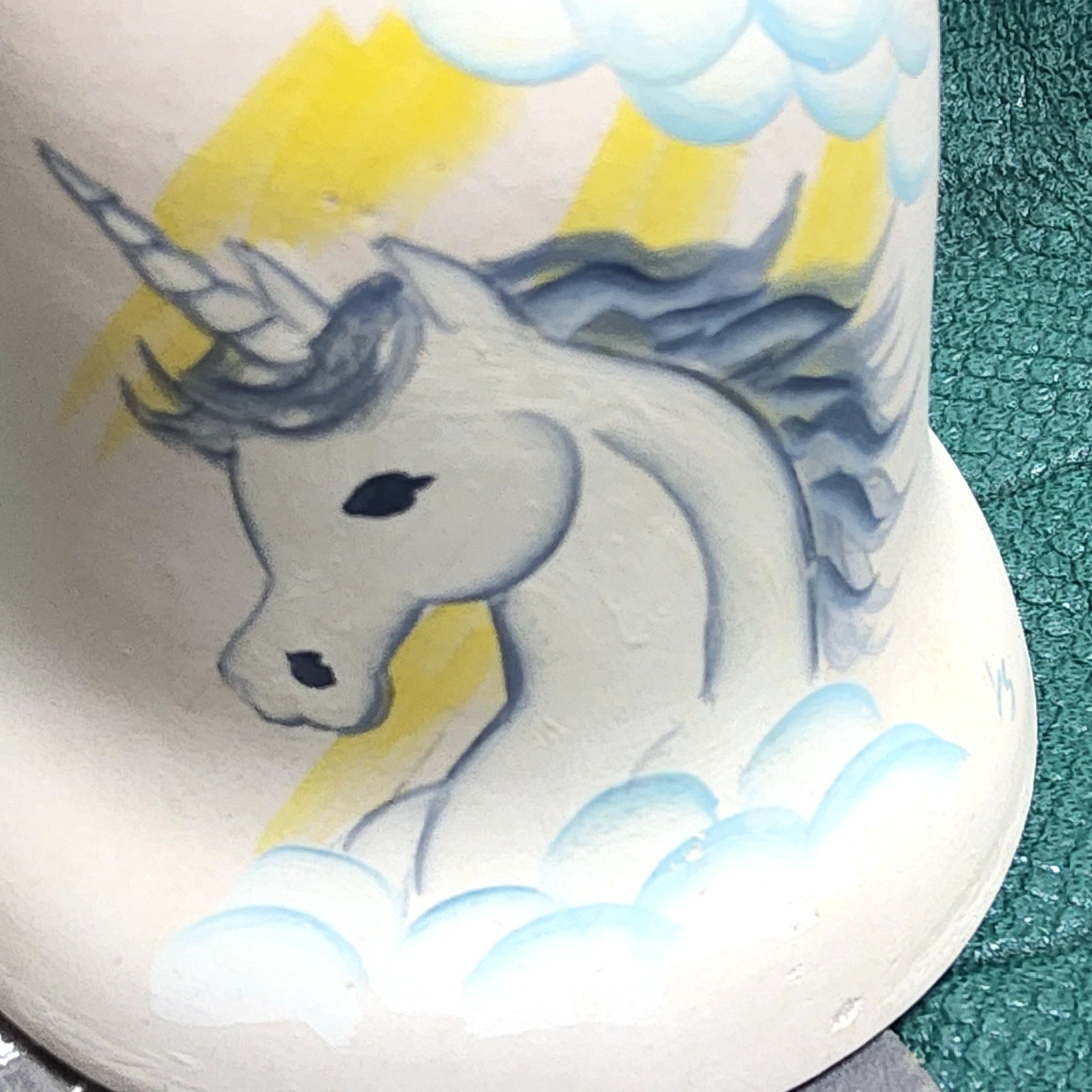 Vintage hand painted unicorn in clouds bell mythical fantasy 3″ 1980s ls ceramic