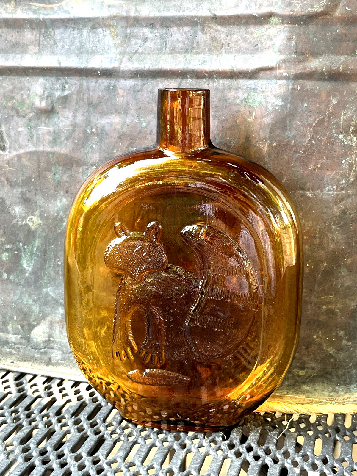 Vtg Amber Clevenger Bros Glass Racoon Bottle 7 1/4 inch