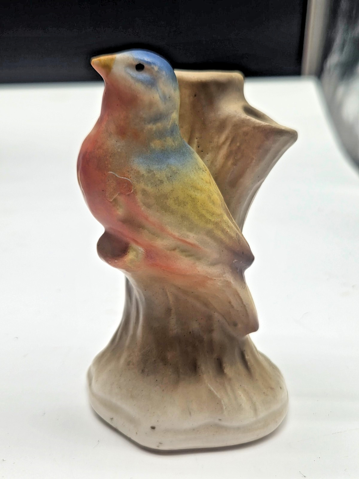 Vintage Czech Bird Tree Stump Vase Hand Painted 4.5 Inches Tall