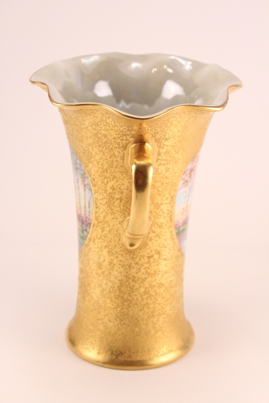 Vtg Antique Gold Encrusted Hand Painted Double Handled Trumpet Vase 1710