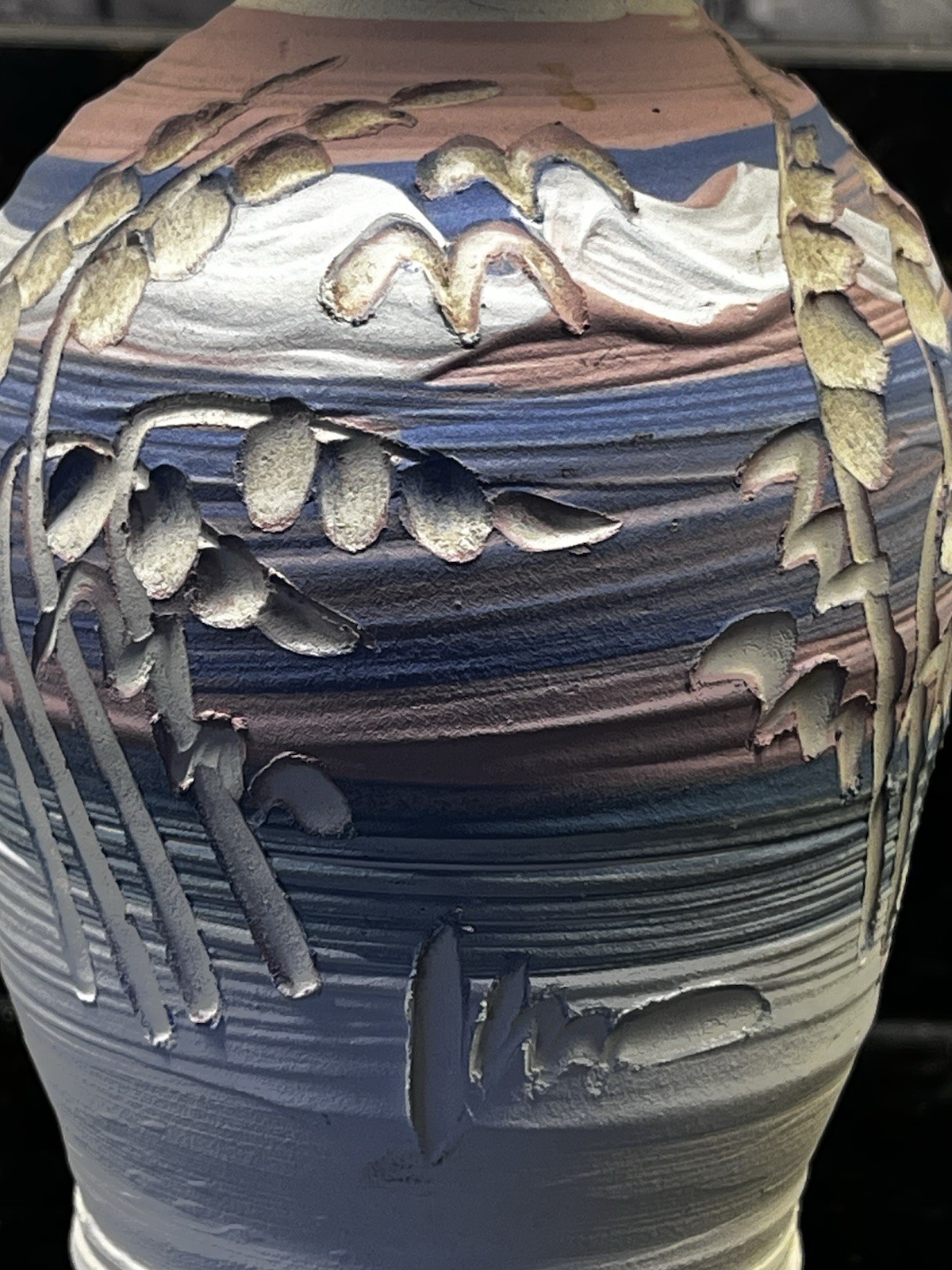 Studio Pottery Beach Vase Signed Ocean Carved Pink Blue Sunset 5×3