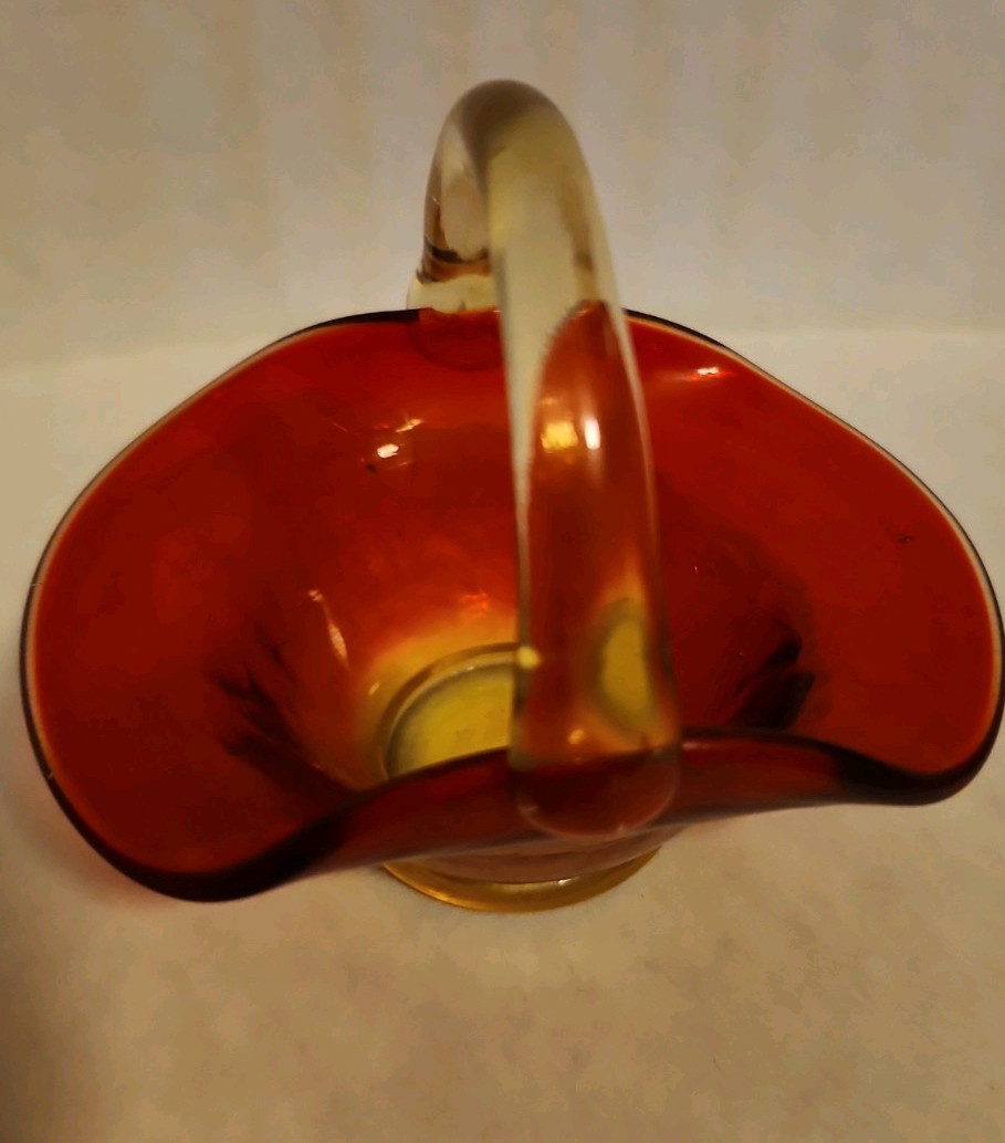 Vintage Handblown Amberina Mini Basket With Handle 4″
