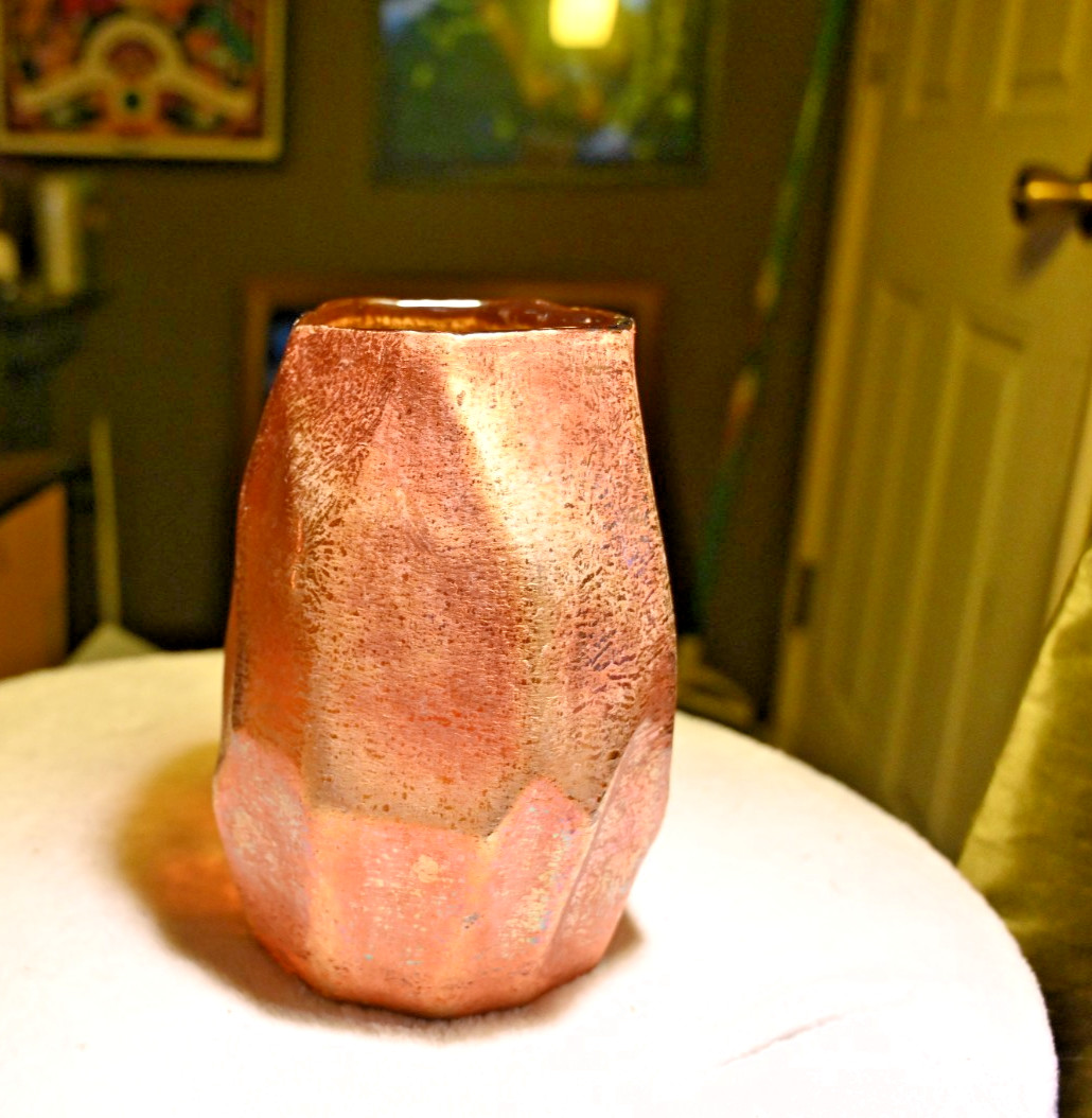 Vintage Hand Blown Iridescent Copper Art Glass Vase Faceted Studio Glass