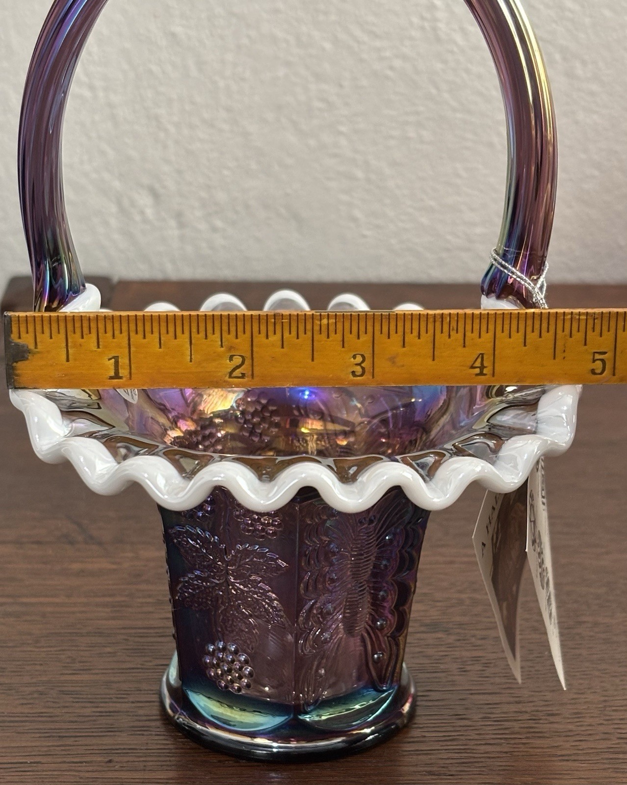 Fenton Purple Carnival Art Glass Butterfly & Berry Basket with Milk Ruffle Edge